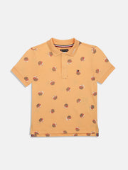 Boys Orange Printed Polo Collar Knit T-Shirt