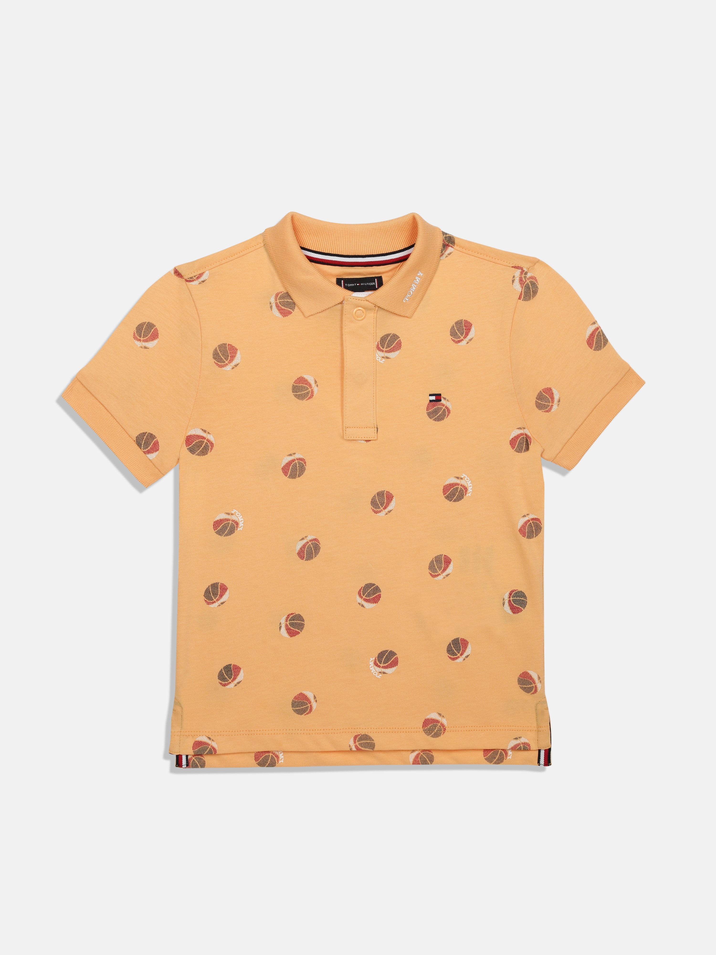 Boys Orange Printed Polo Collar Knit T-Shirt