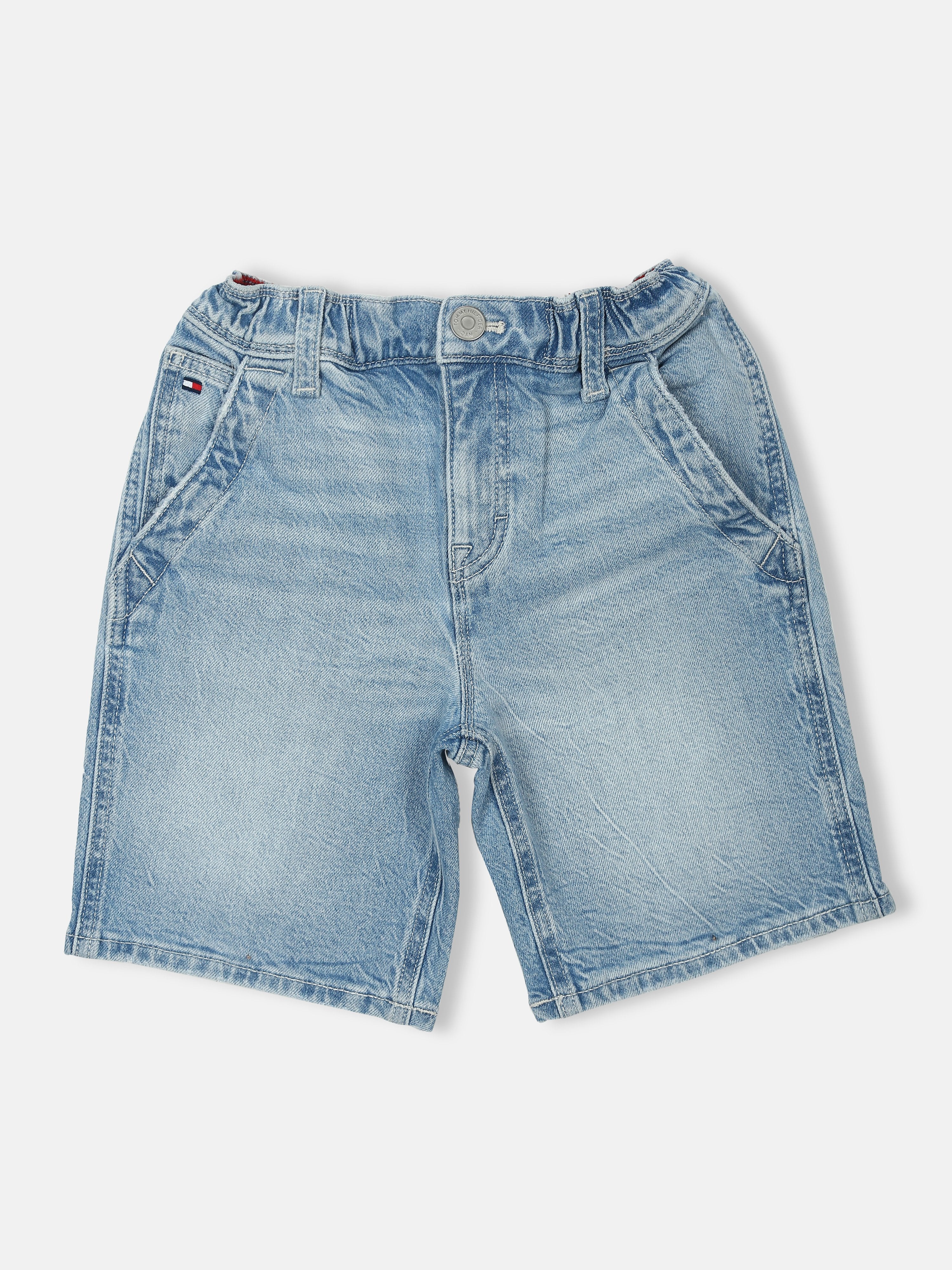 Solid Blue Cotton Blend Loose Fit Denim Shorts for Boys