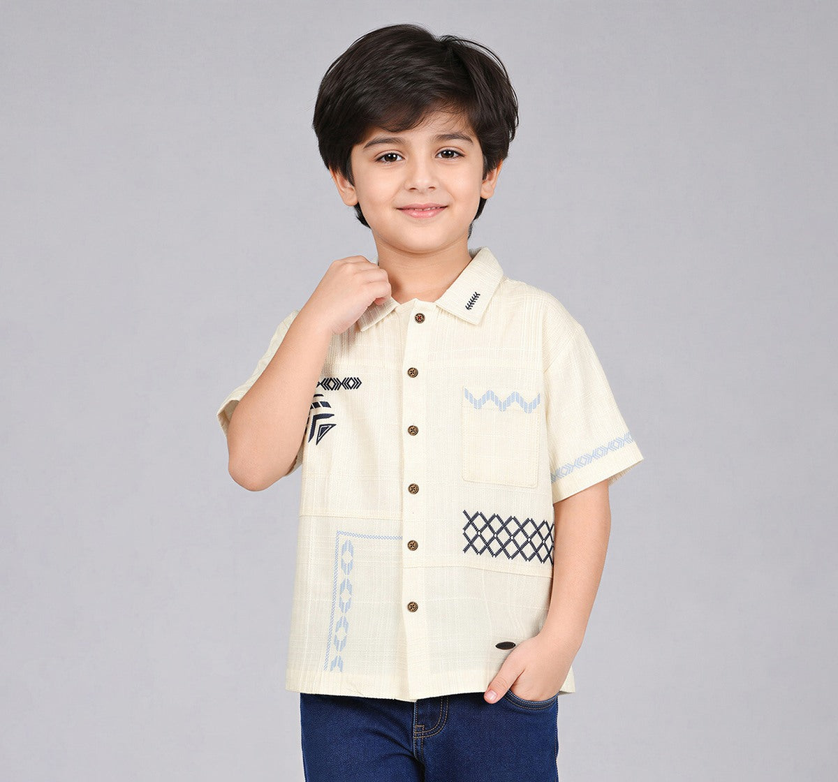 Half Sleeves Placement Embroidery Shirt Beige