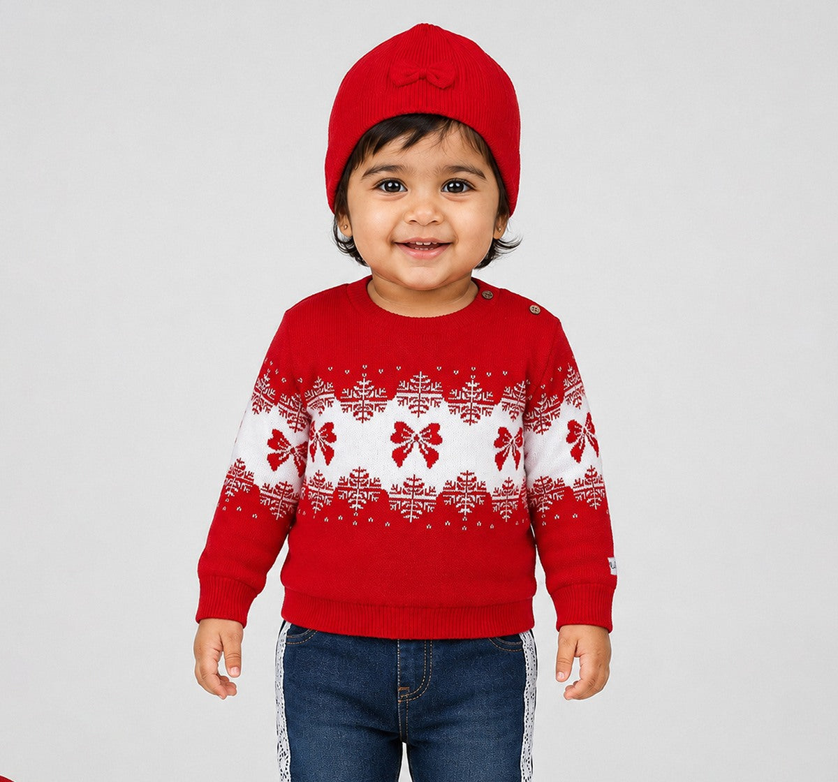 Sweater with Bow & Snowflake Intarsia Red