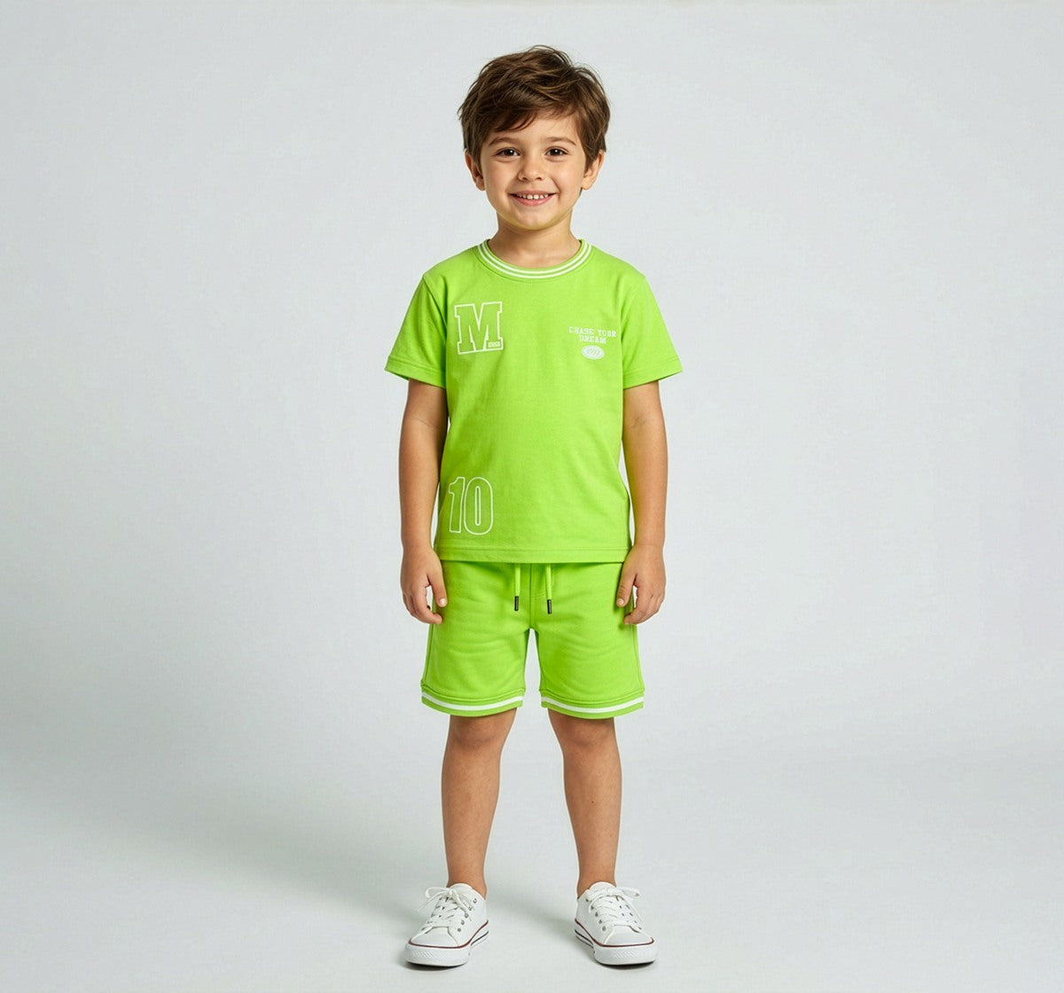 Boys Neon Green Varsity T-Shirt and Shorts Co-ord Set