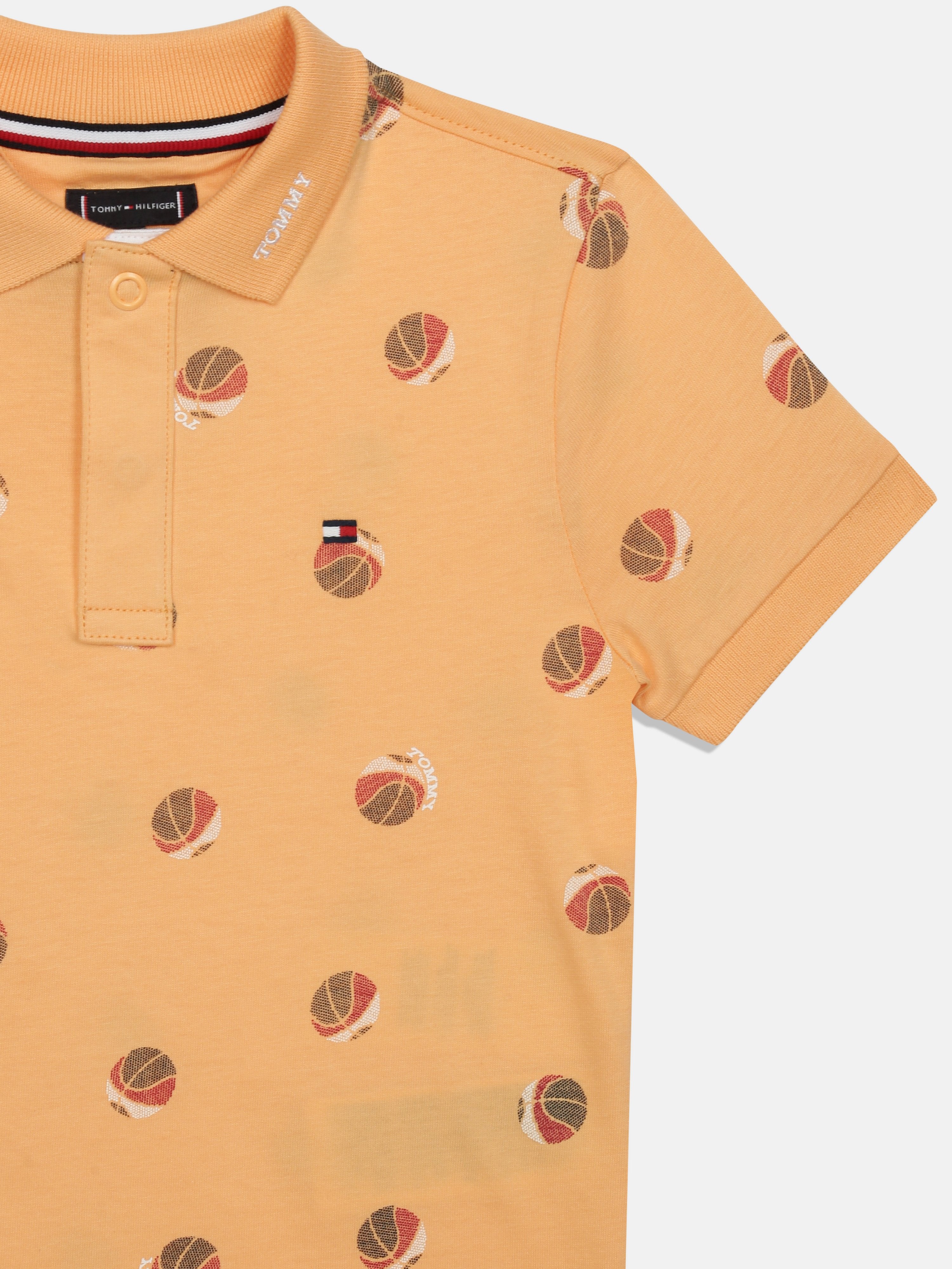 Boys Orange Printed Polo Collar Knit T-Shirt