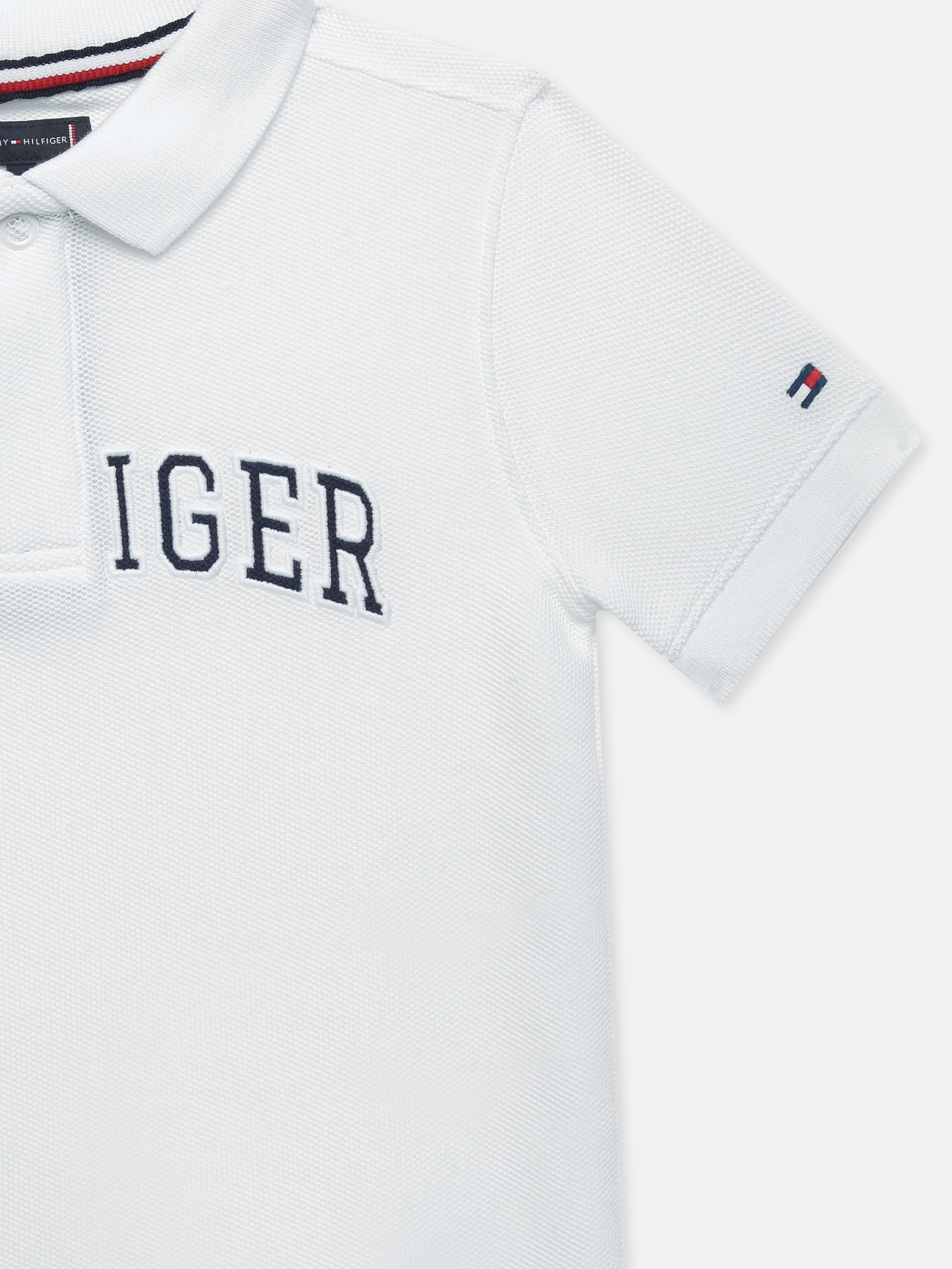 Boys White Logo Cotton Blend Polo Knit Top Regular Fit