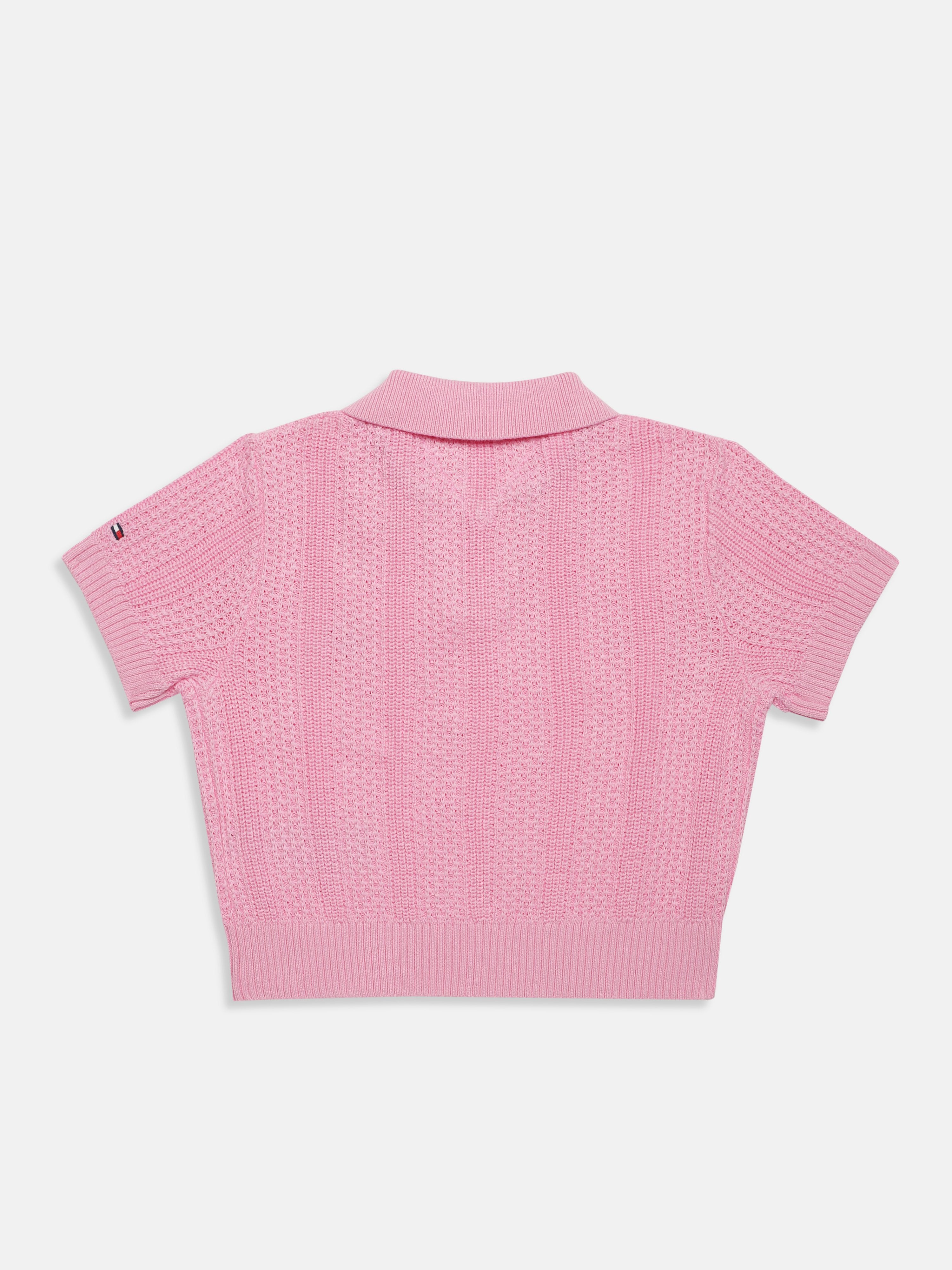 Girls Pink Self-Design Polo Knit T-Shirt