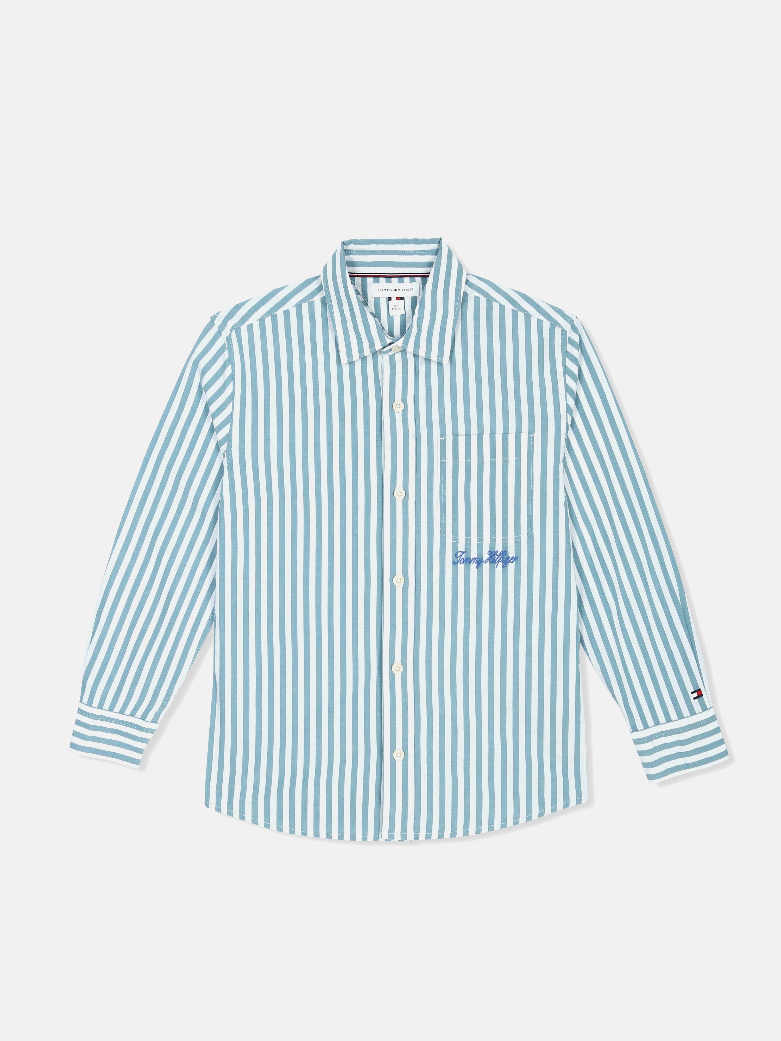 Striped Green Cotton Regular Fit Shirt for Boys