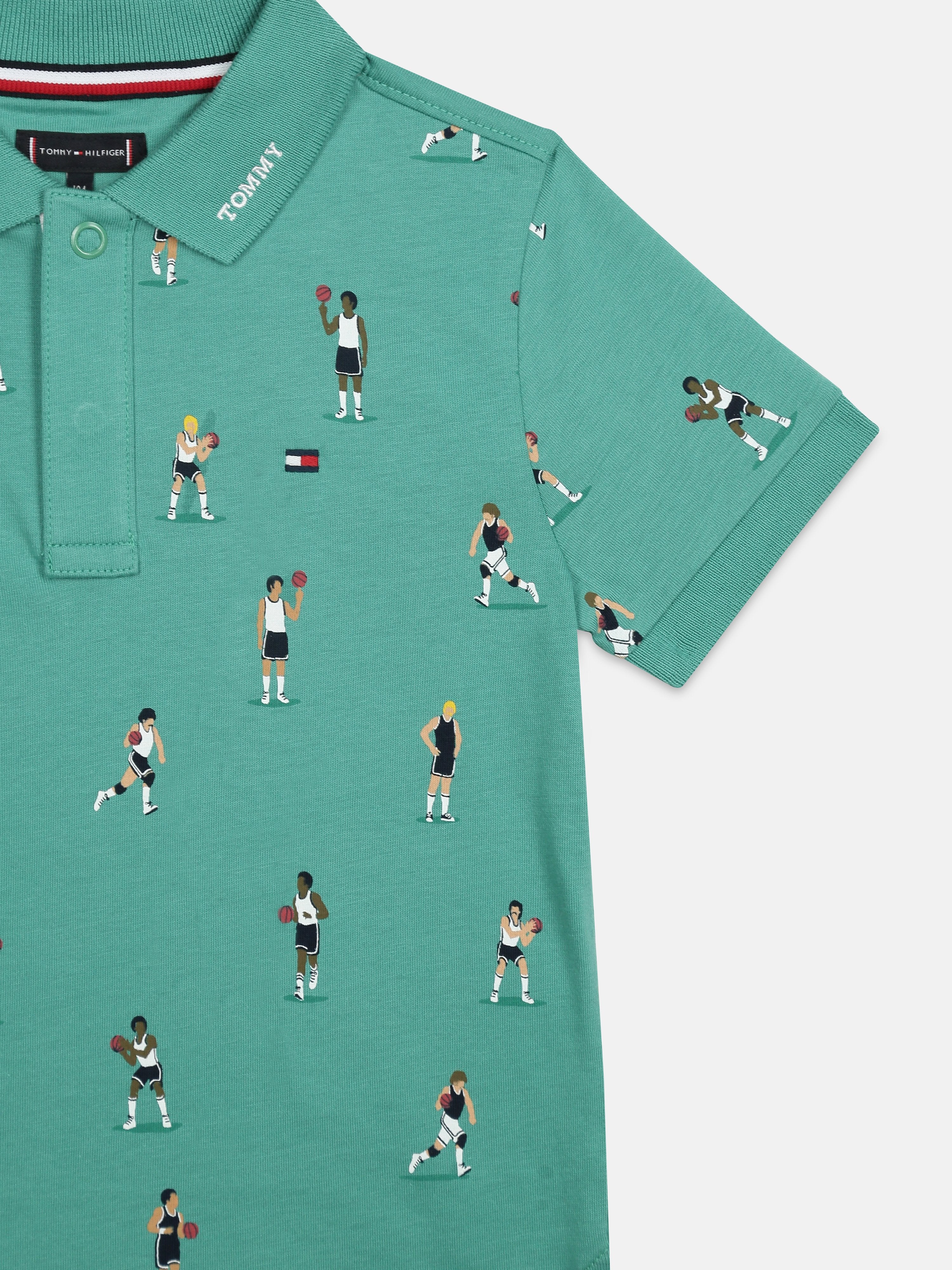 Boys Green Printed Polo Collar Knit T-Shirt
