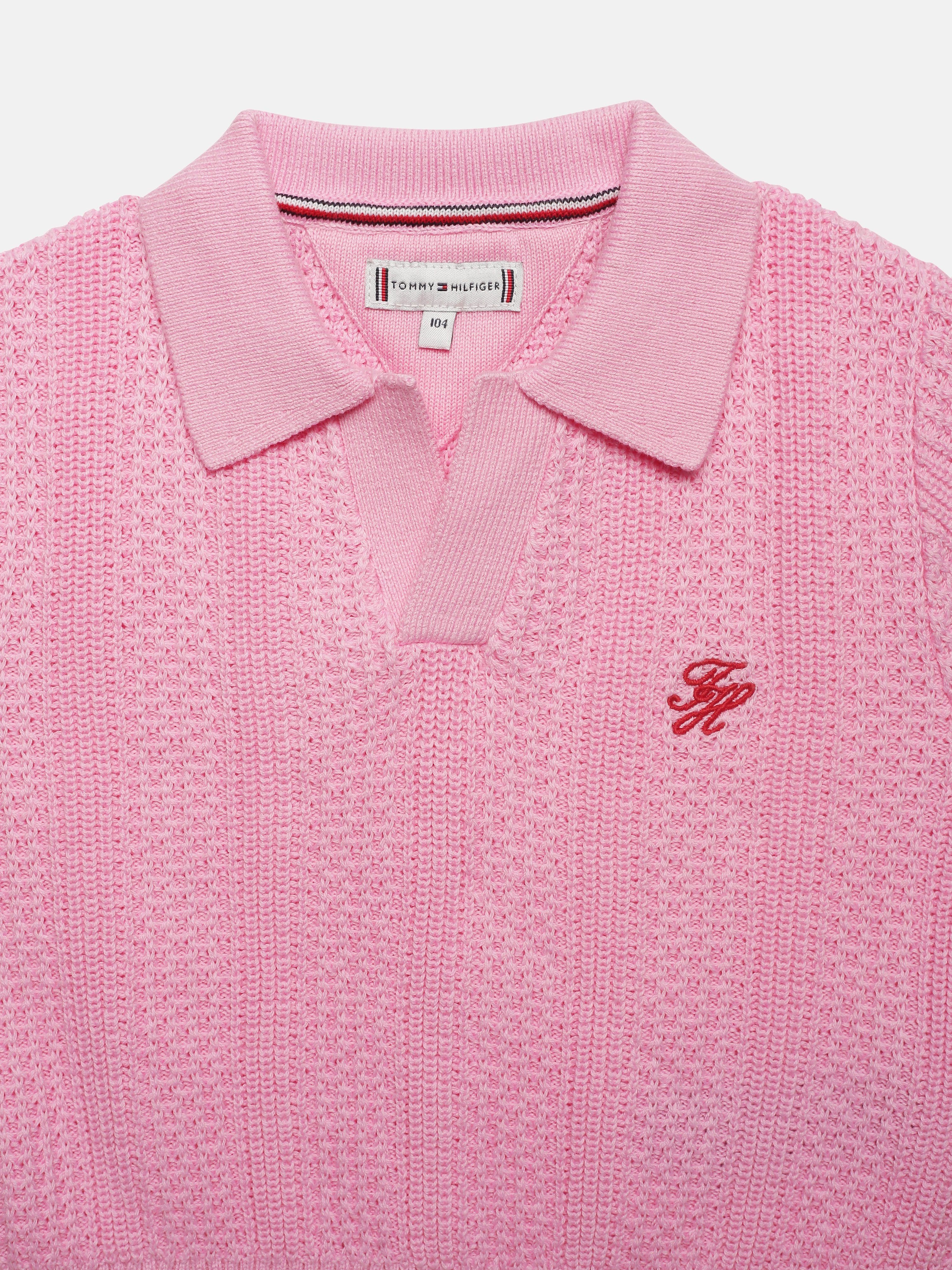 Girls Pink Self-Design Polo Knit T-Shirt