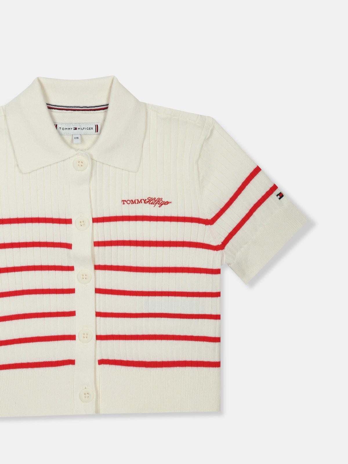 Girls Striped Regular Fit Cotton Polo T-Shirt Red Alert