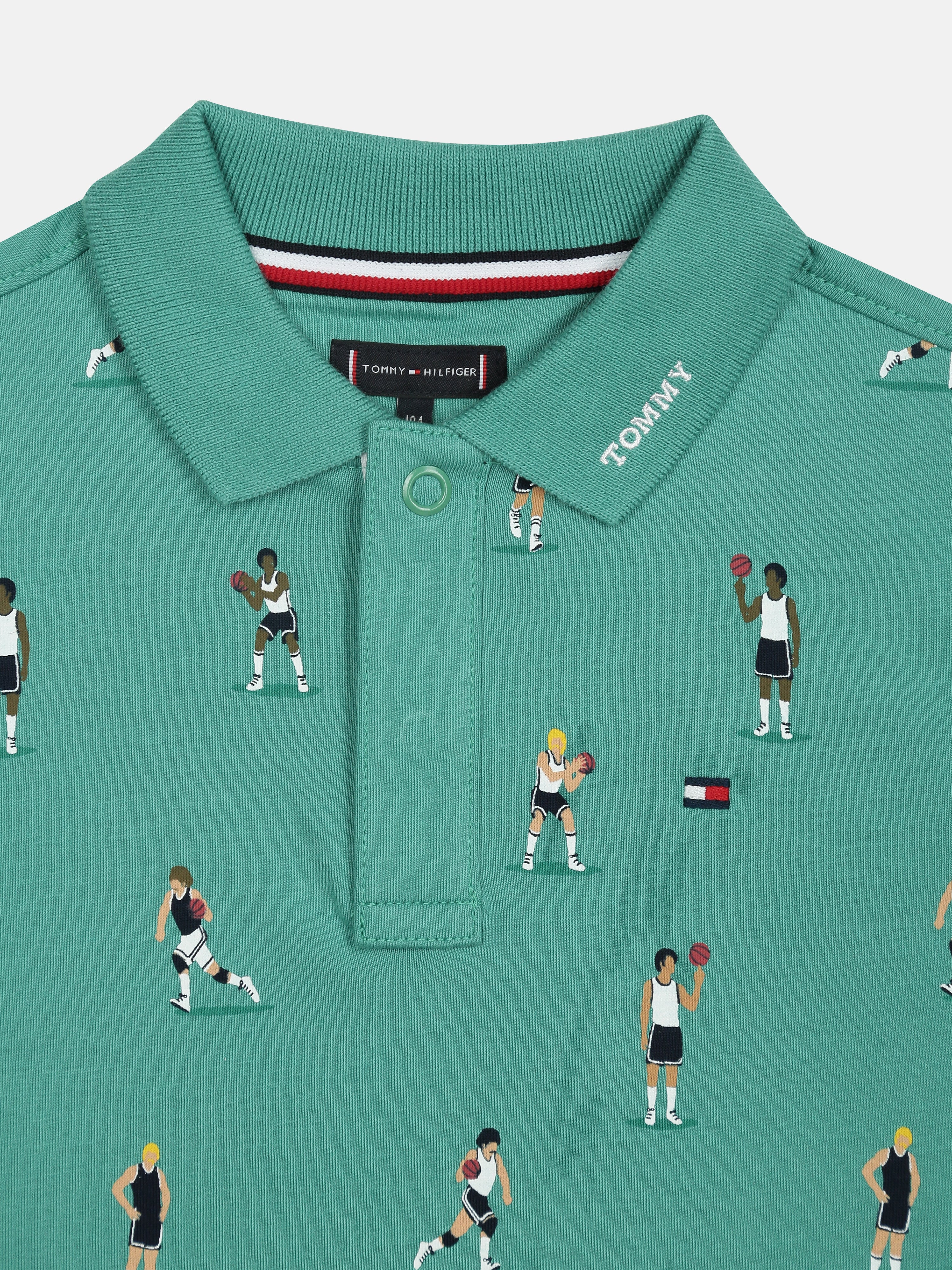 Boys Green Printed Cotton Polo Knit Top Regular Fit