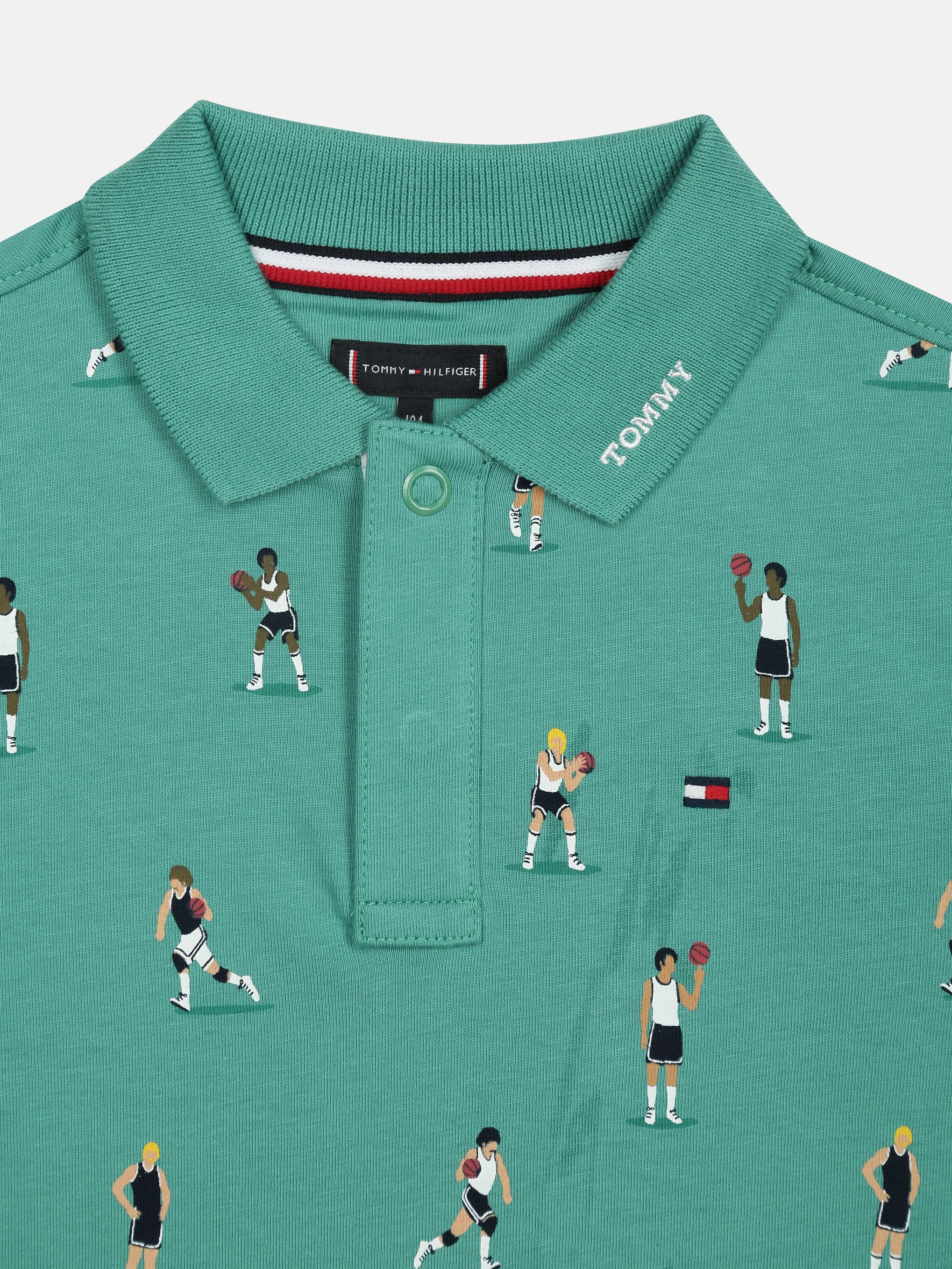 Boys Green Printed Polo Collar Knit T-Shirt