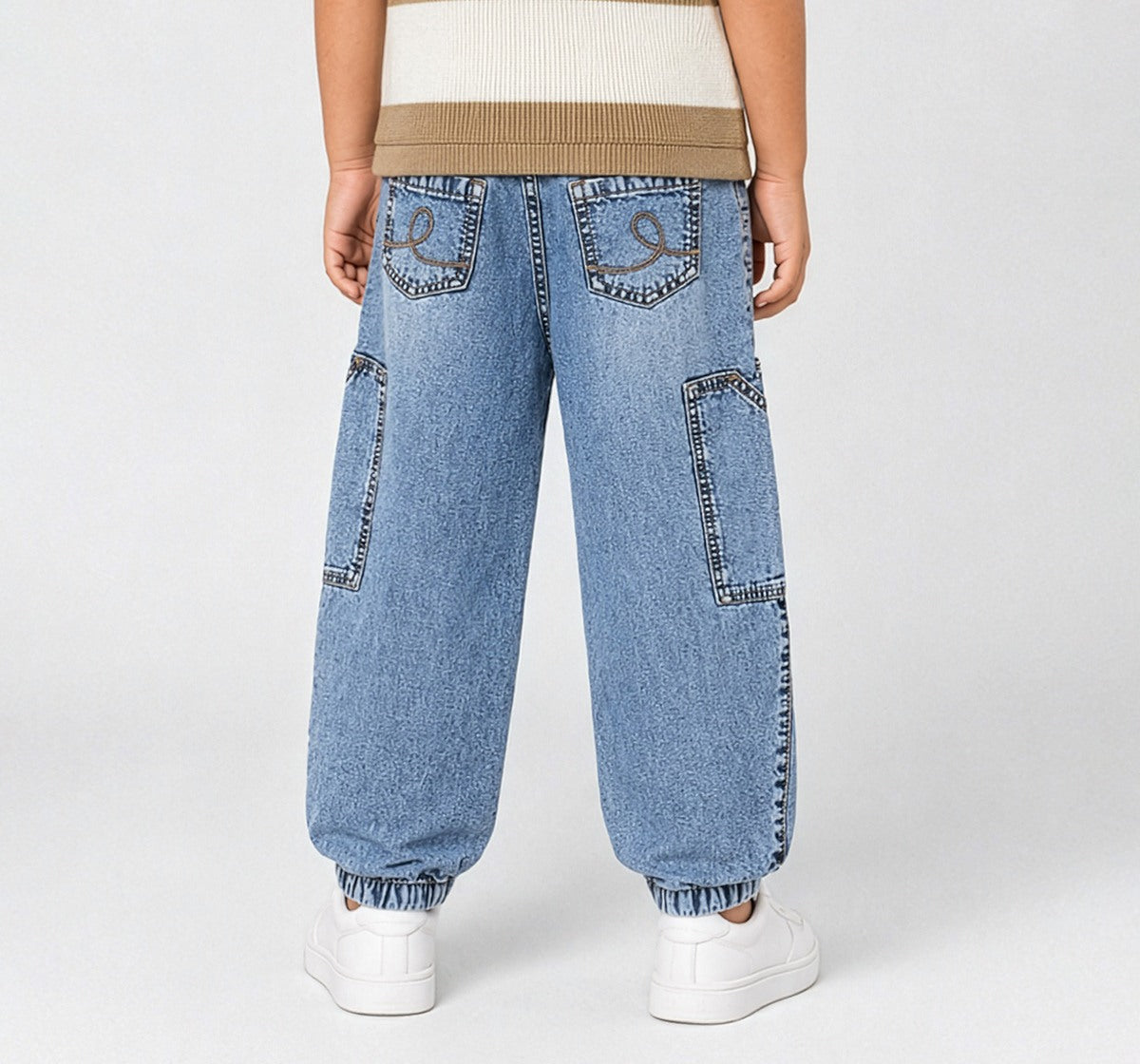 Boys Blue Cotton Denim Relaxed Fit Cargo Jeans