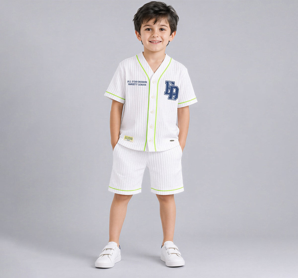 Boys White Seersucker Varsity Shirt and Shorts Co-ord Set