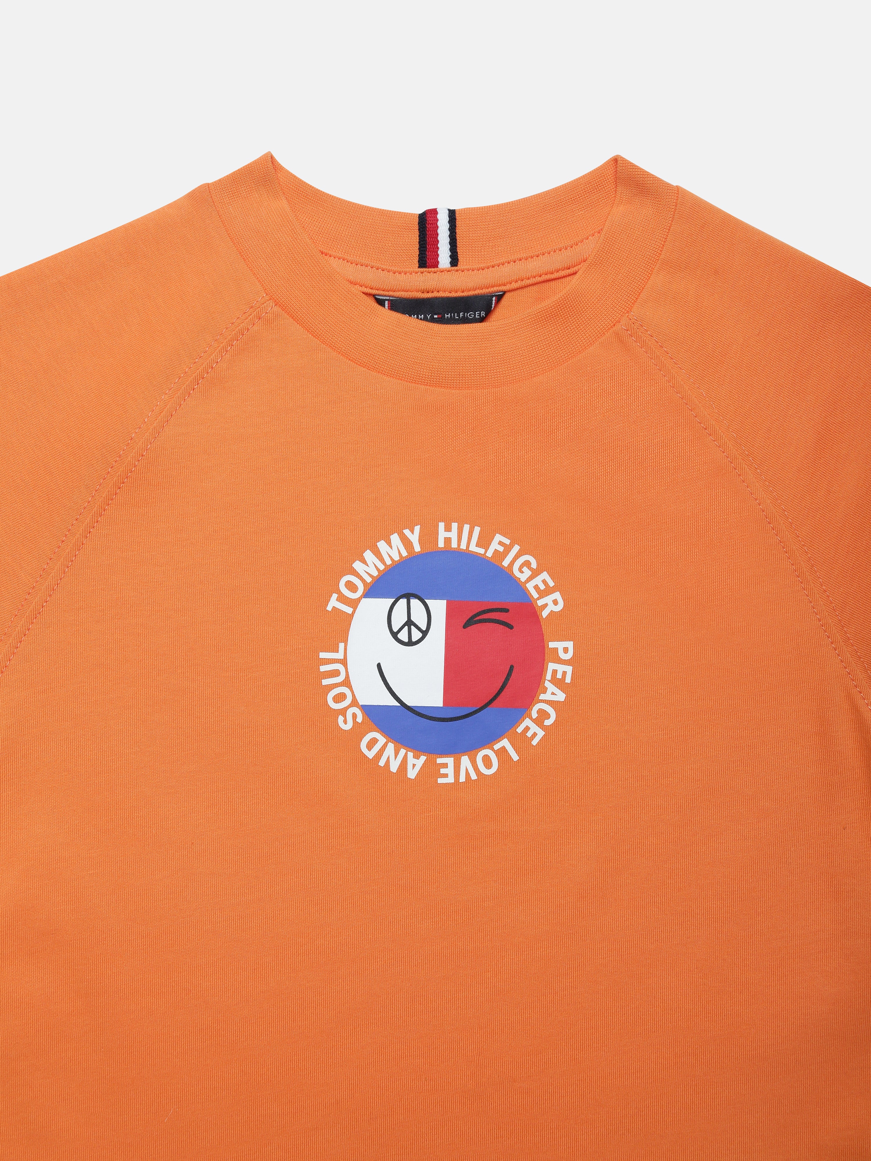 Boys Orange Graphic Cotton Crew Neck Knit Top Regular Fit