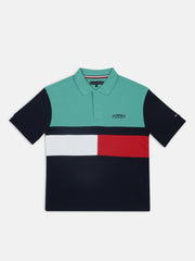 Boys Green Colorblock Polo Collar Knit T-Shirt