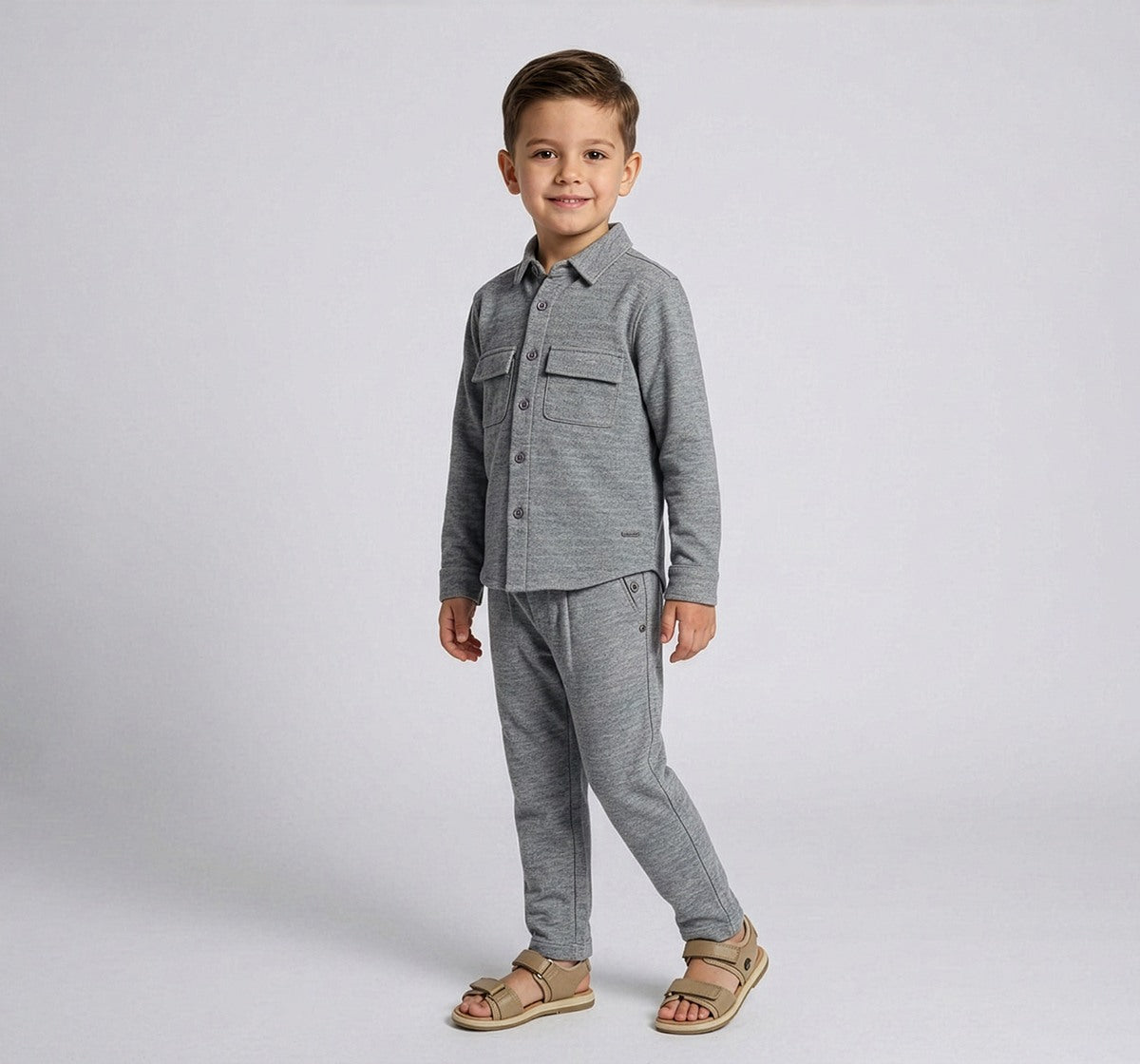 Boys Grey Melange Knit Shirt and Jogger Co-ord Set