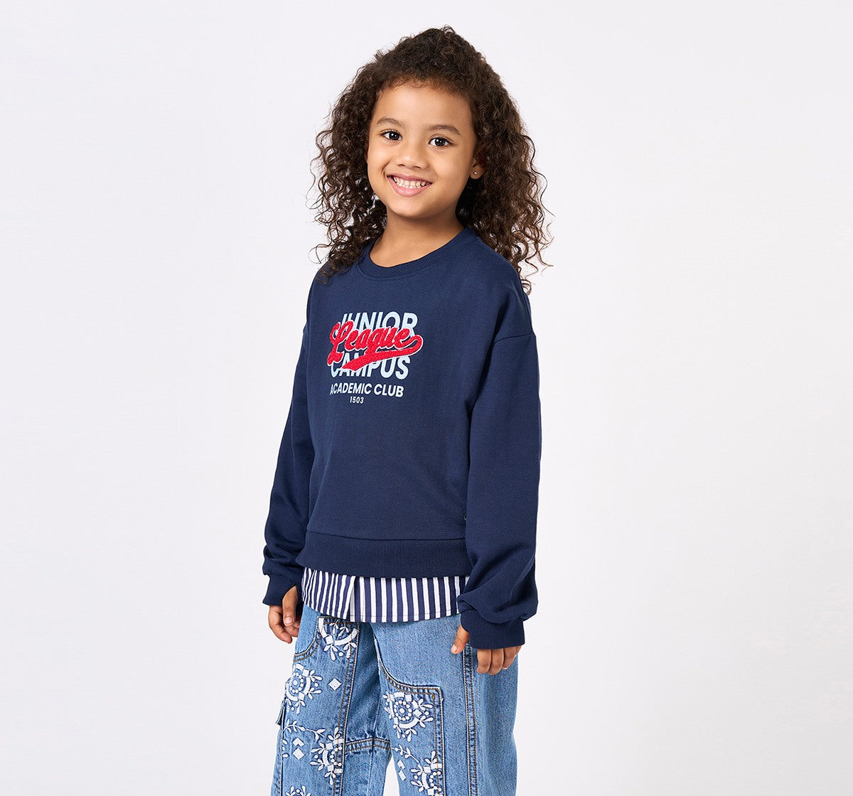 Sweatshirt with Print Emb & Mock Layer Navy