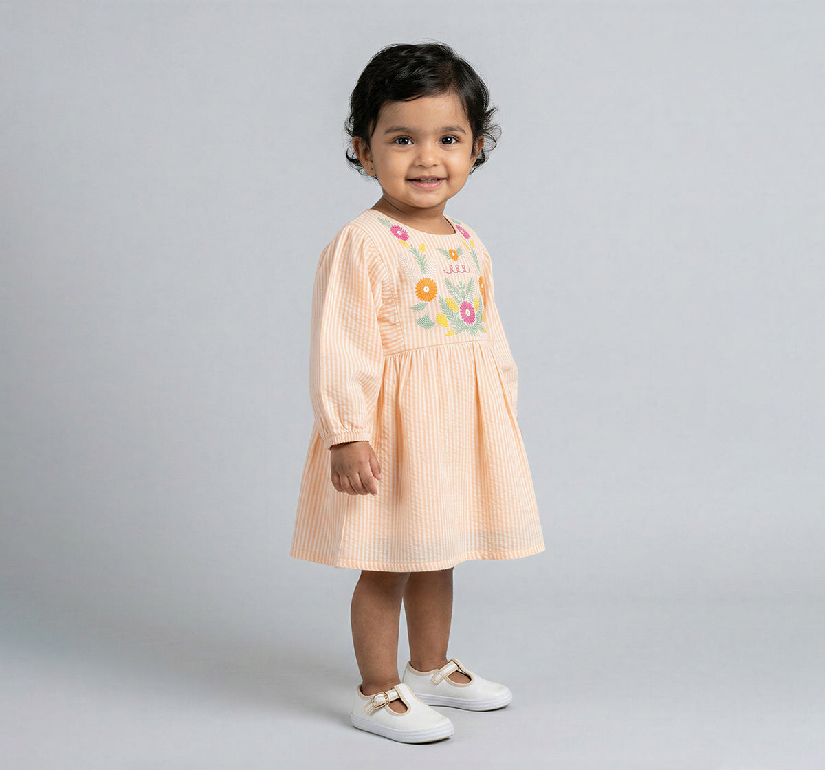 Seersucker Dress with Embroidery Peach