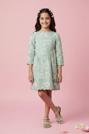 Girls Green Embroidered Cotton Summer Wear