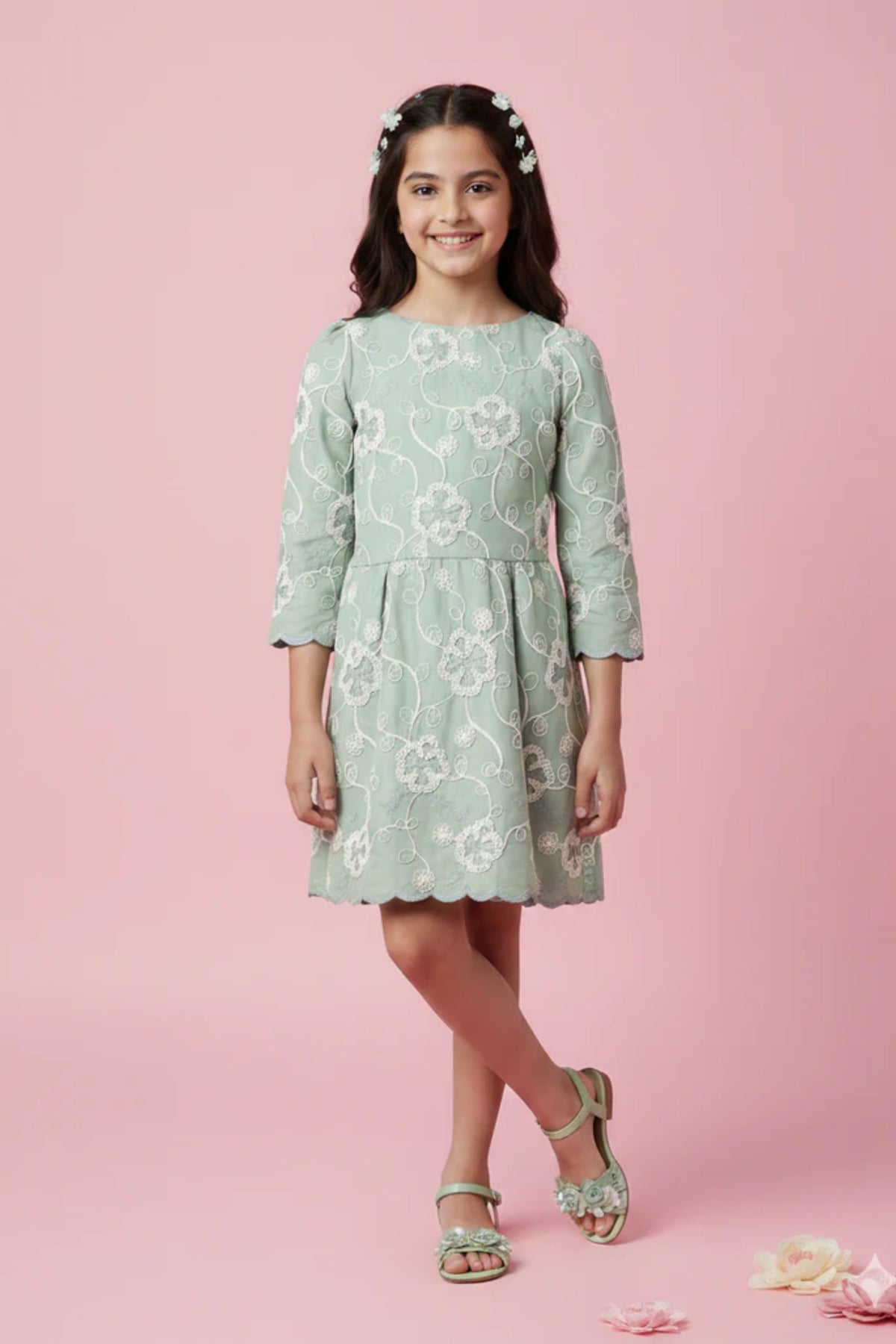 Girls Green Embroidered Cotton Summer Wear