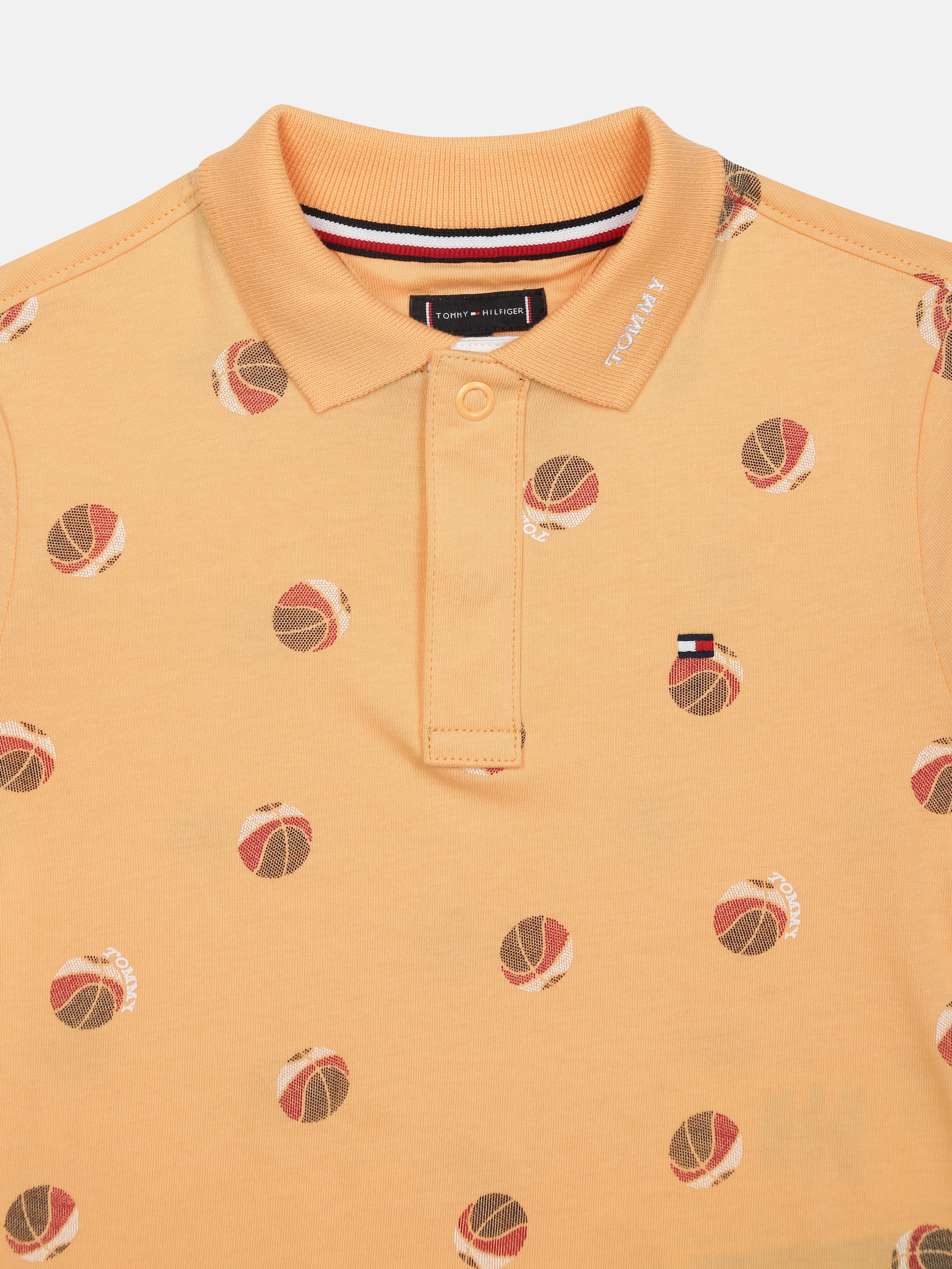 Boys Orange Printed Cotton Polo Knit Top Regular Fit