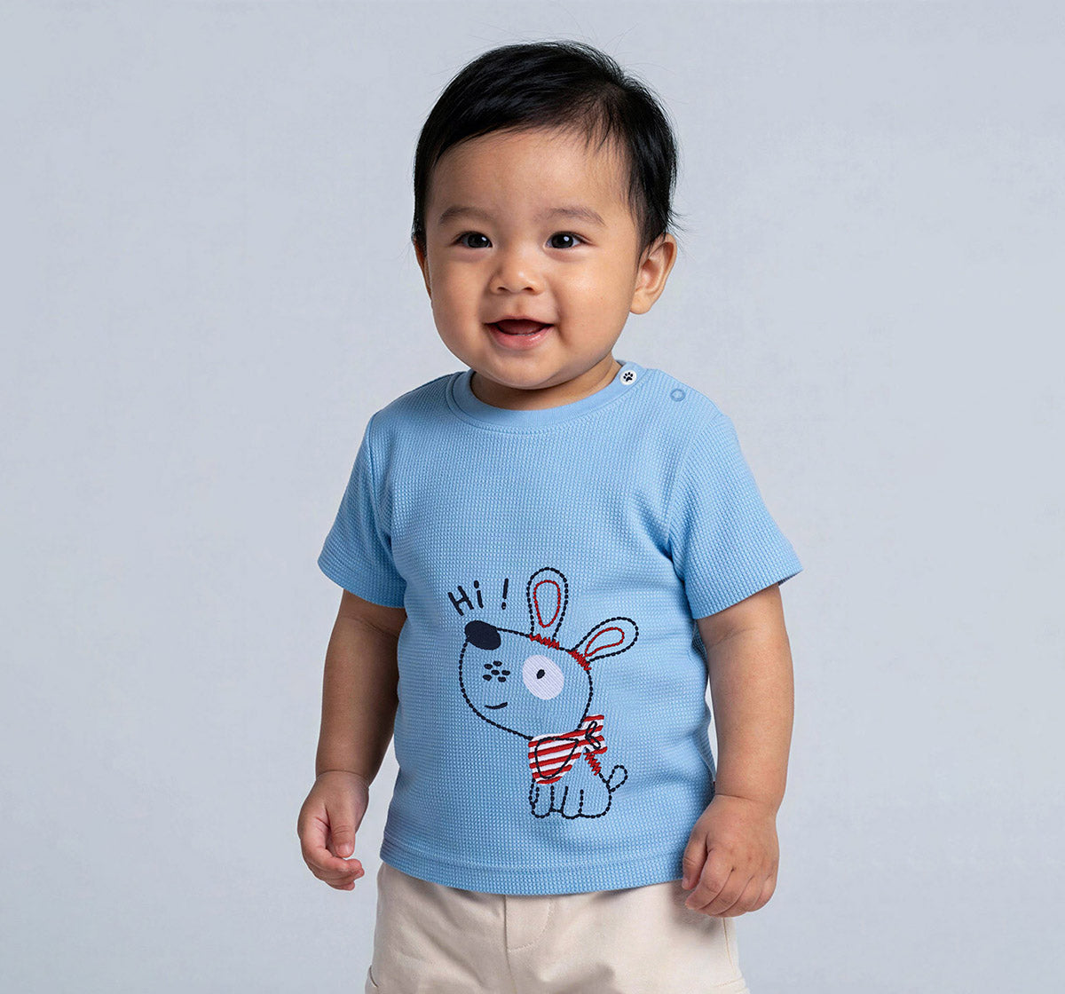 Waffle Tee with Dog Embroidery Blue