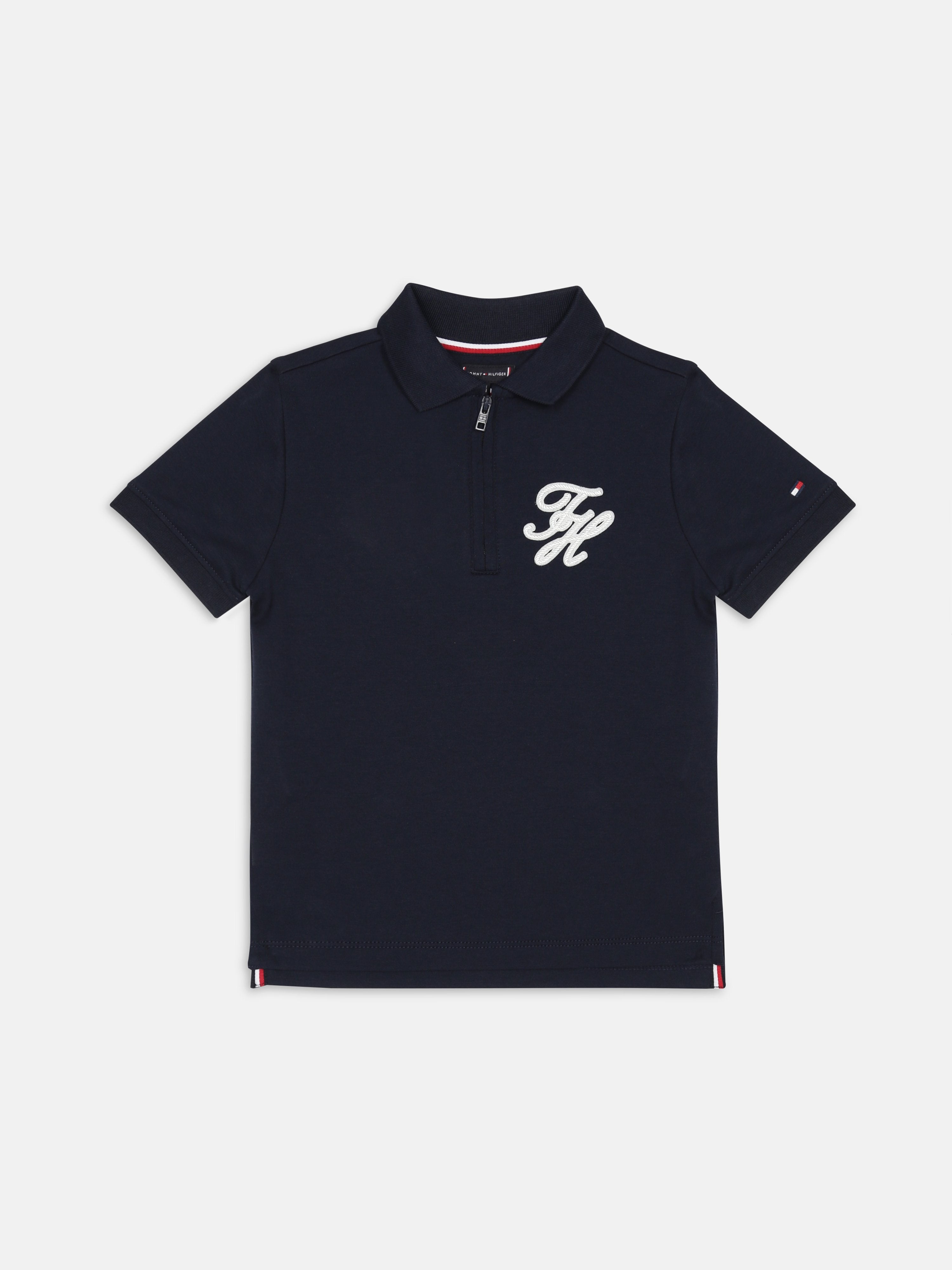 Boys Navy Logo Polo Collar Regular Fit Cotton Knit Top
