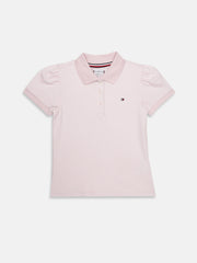 Girls Pink Striped Polo Collar Knit T-Shirt