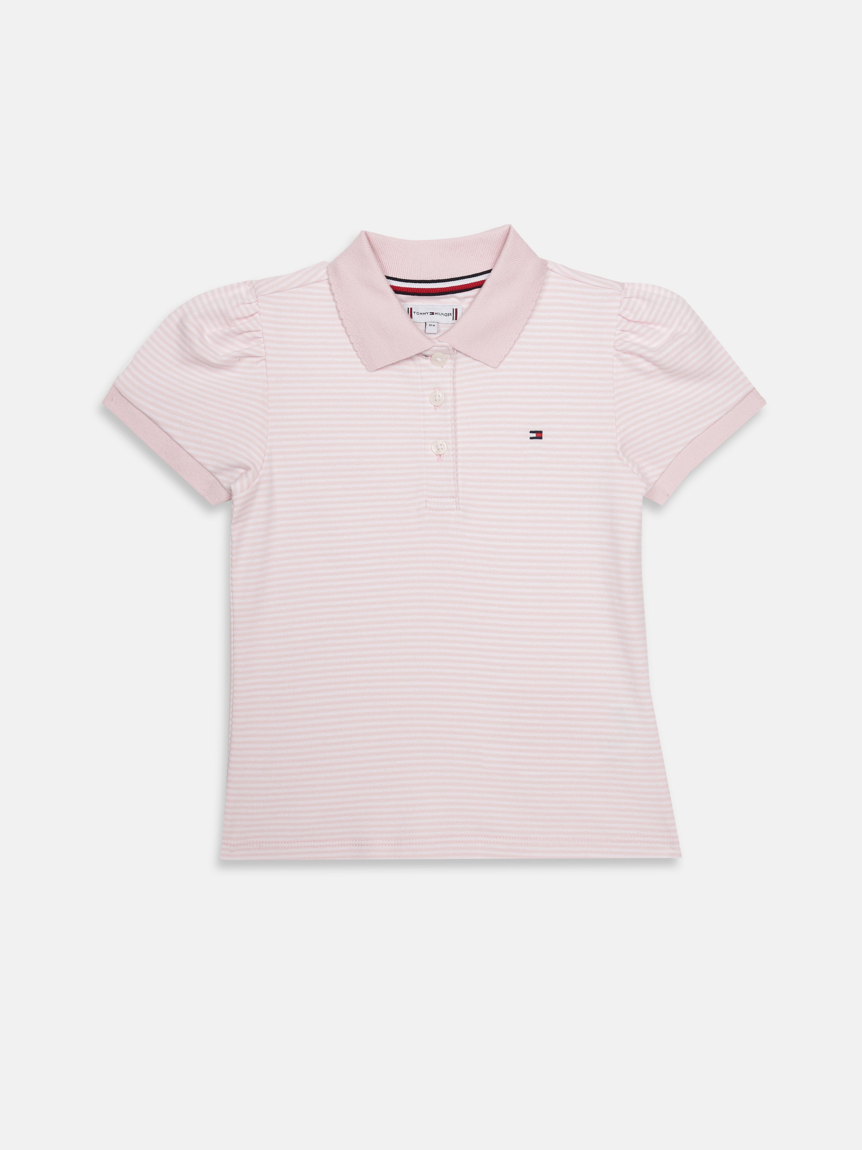 Girls Pink Striped Polo Collar Knit T-Shirt