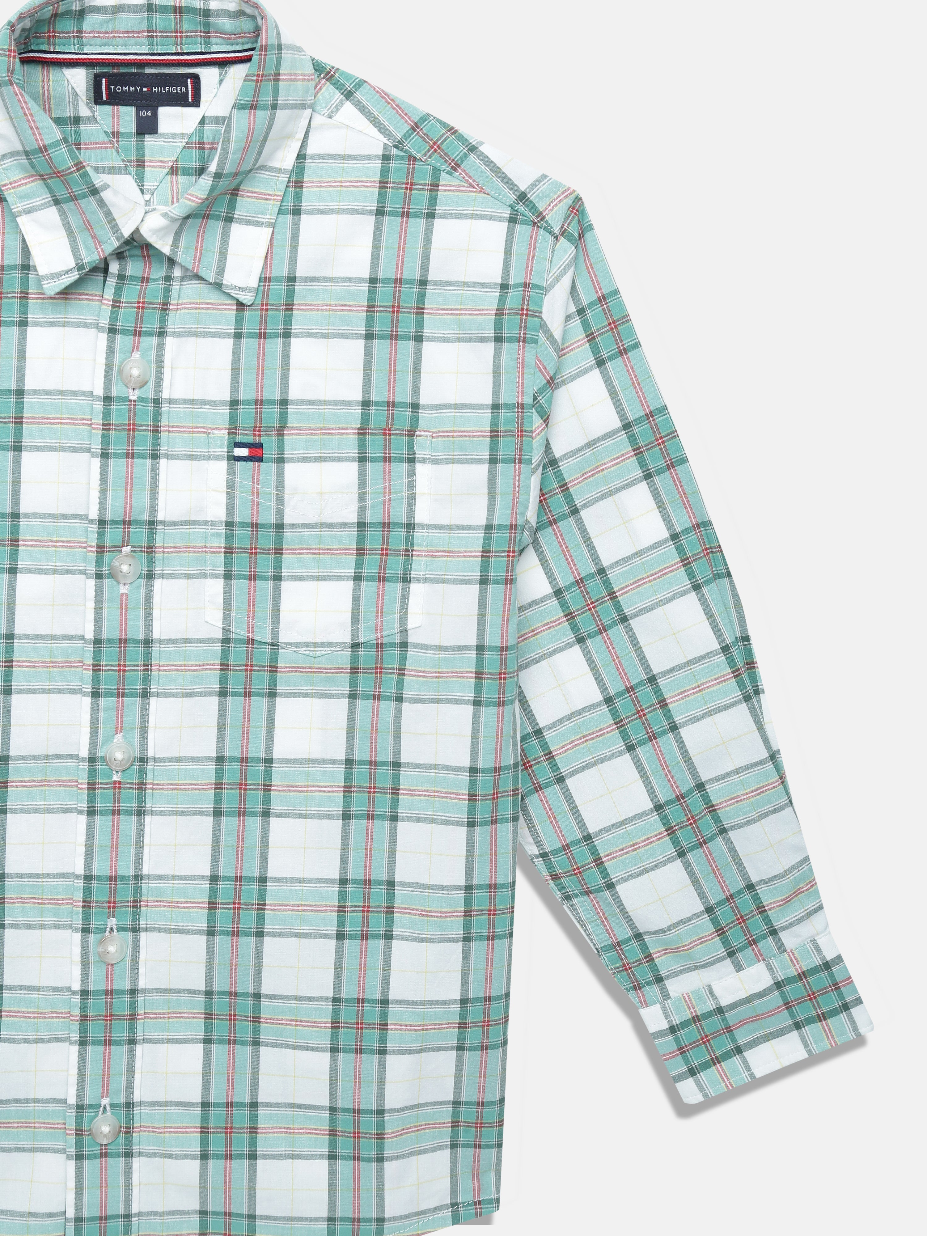 Boys Green Checked Cotton Blend Woven Shirt Regular Fit