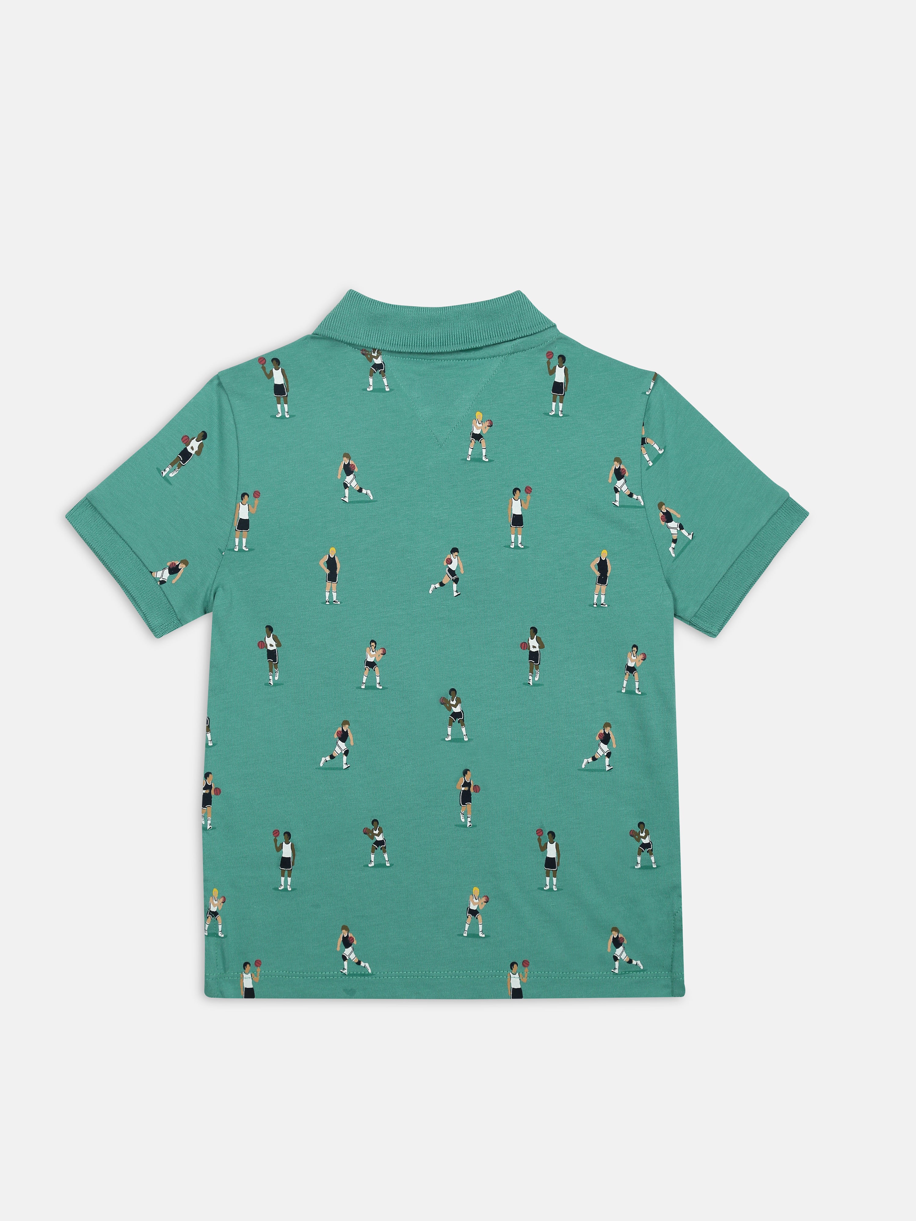 Boys Green Printed Cotton Polo Knit Top Regular Fit