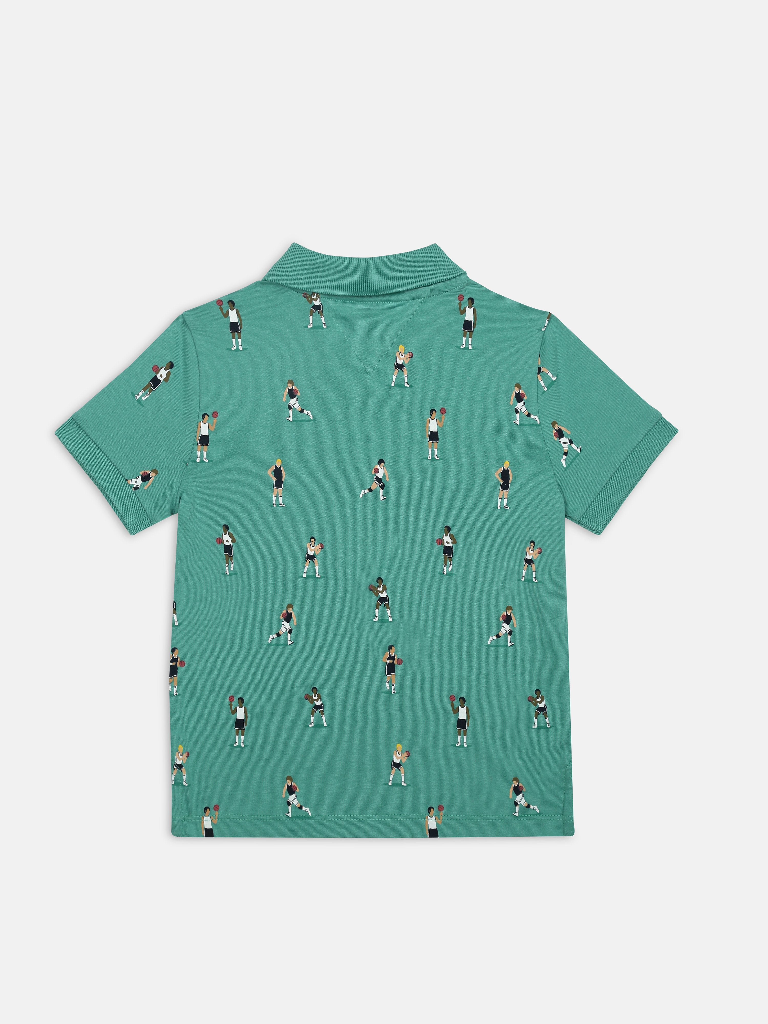 Boys Green Printed Polo Collar Knit T-Shirt