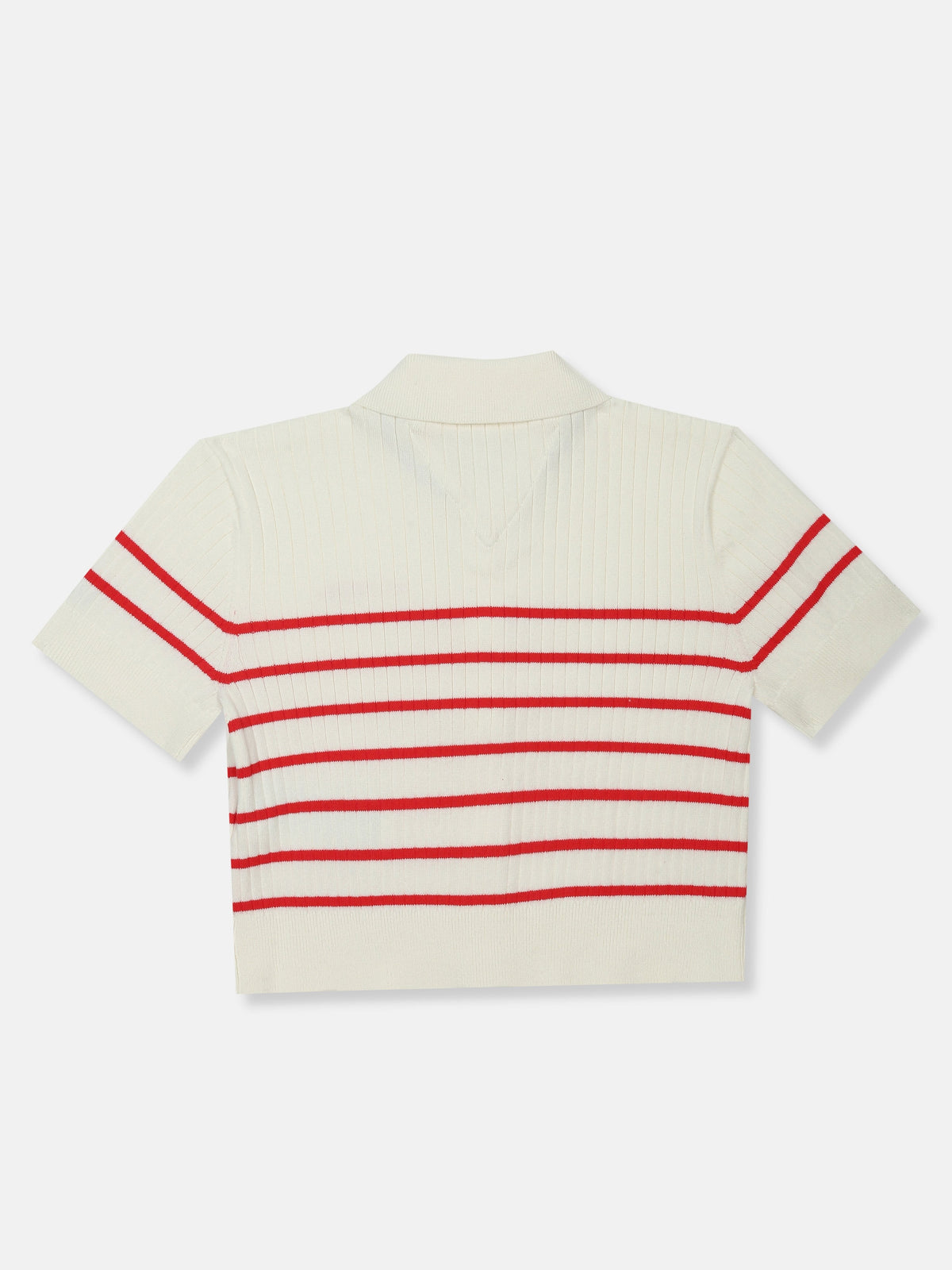 Girls Striped Regular Fit Cotton Polo T-Shirt Red Alert
