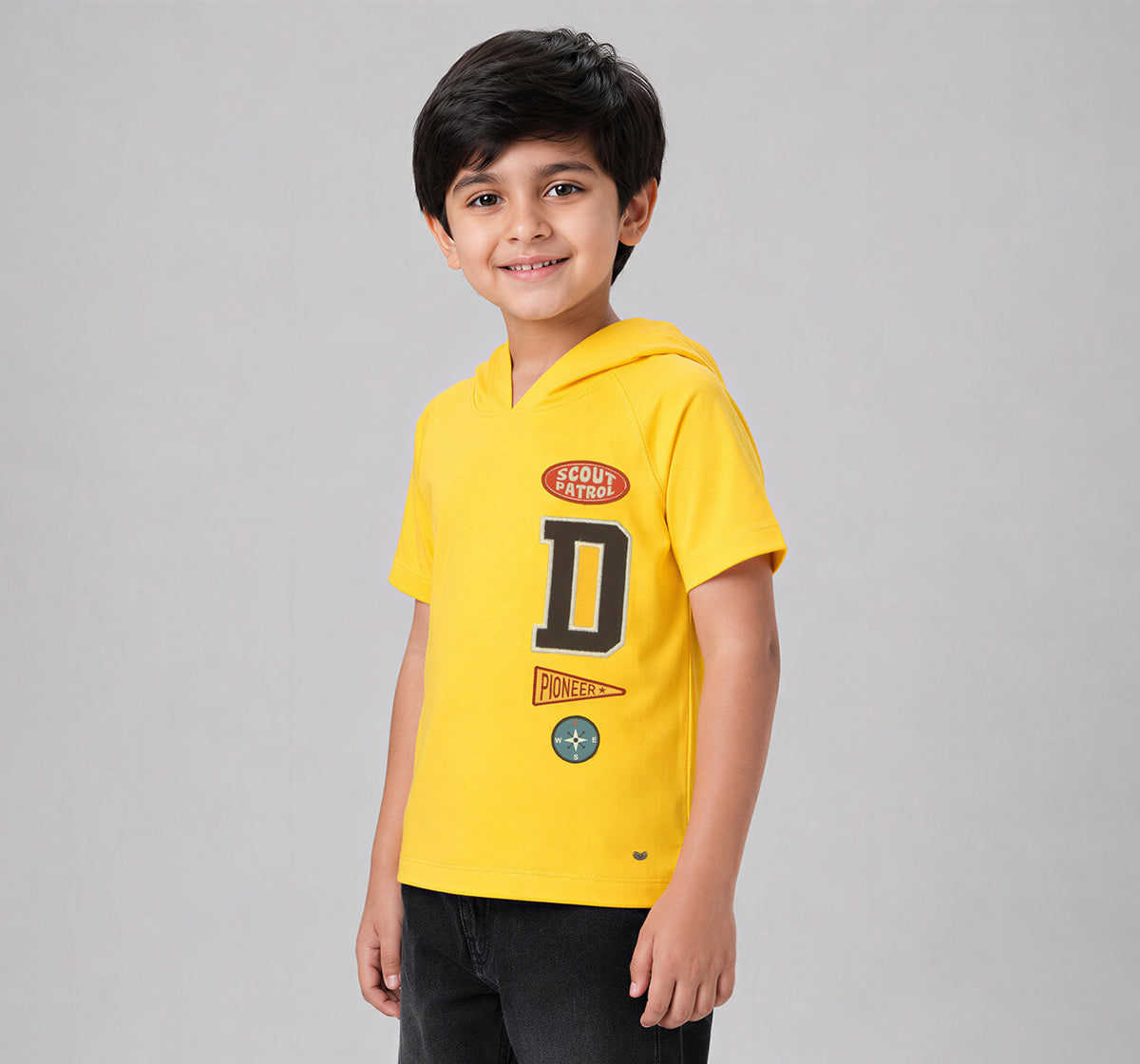 Boys Yellow Hooded Varsity Graphic Regular Fit T-Shirt
