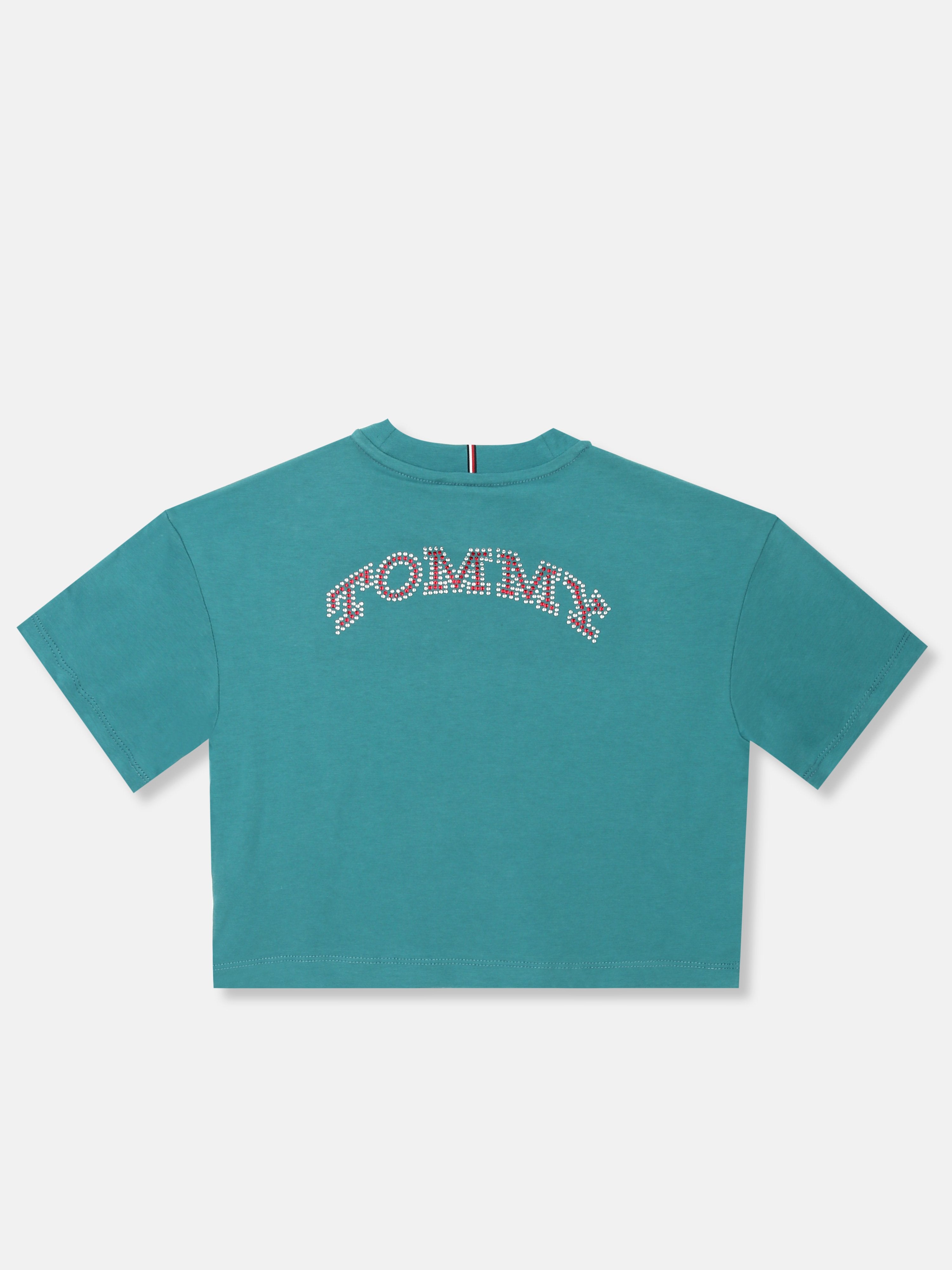 Logo Print Cotton T-Shirt for Girls Teal