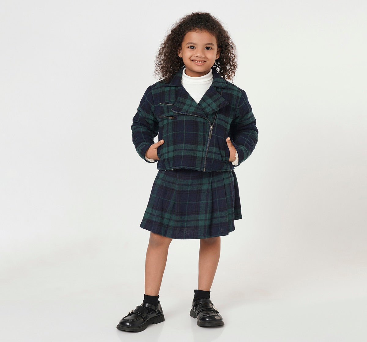 Girls Green Tartan Check Pleated Skort