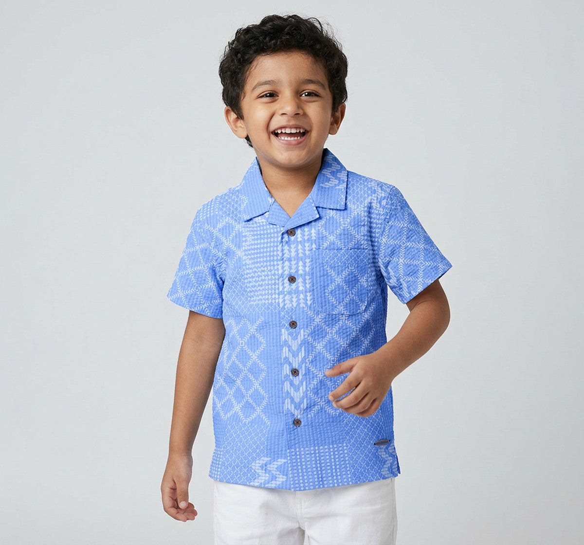 Aop Seersucker Half Sleeves Shirt Blue