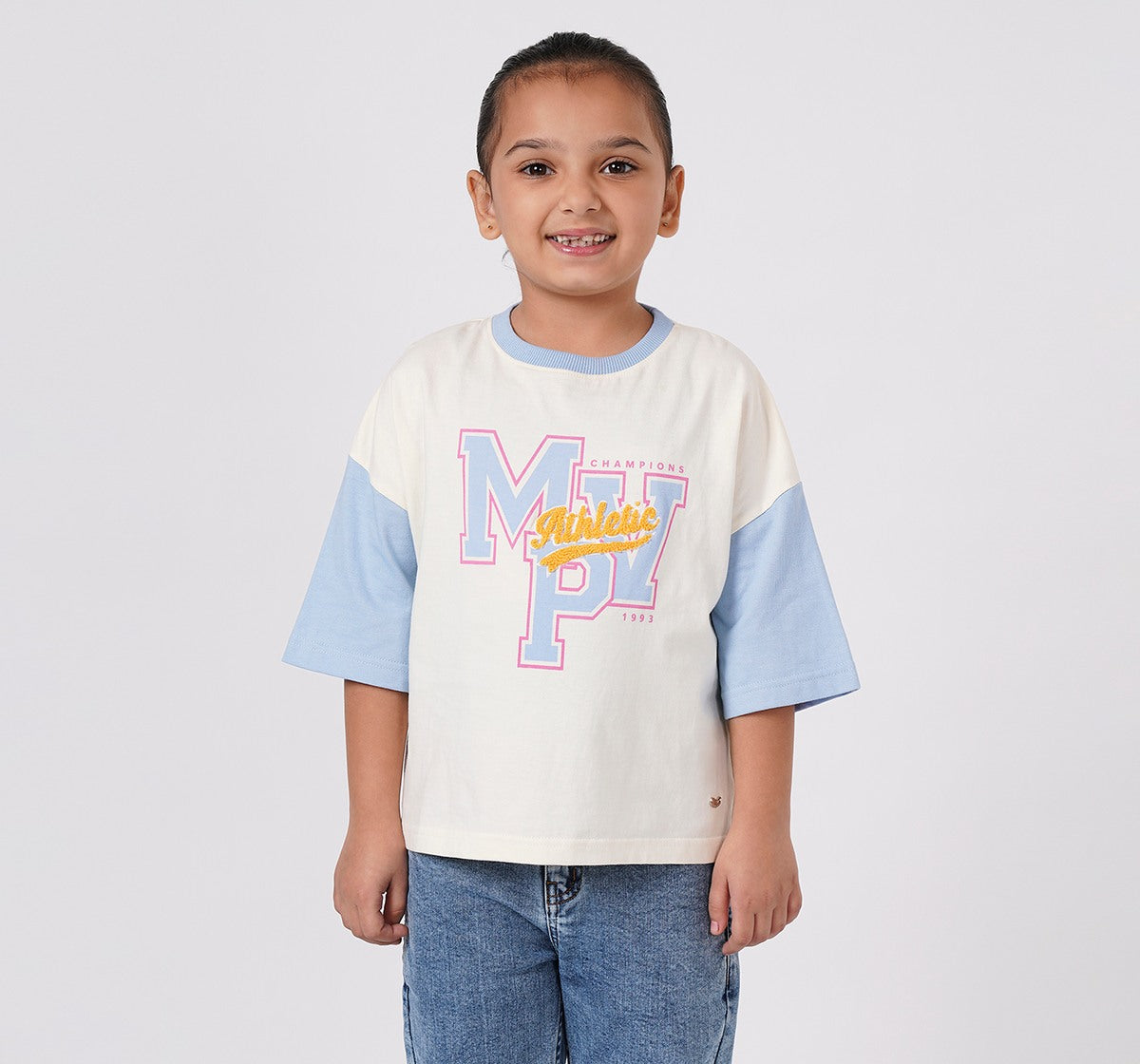 Girls Cream and Blue Cotton Color Block Boxy Fit T-Shirt