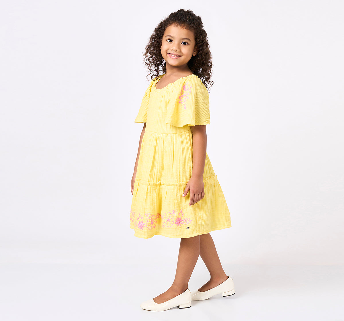 Girls Yellow Cotton Embroidered Tiered Dress
