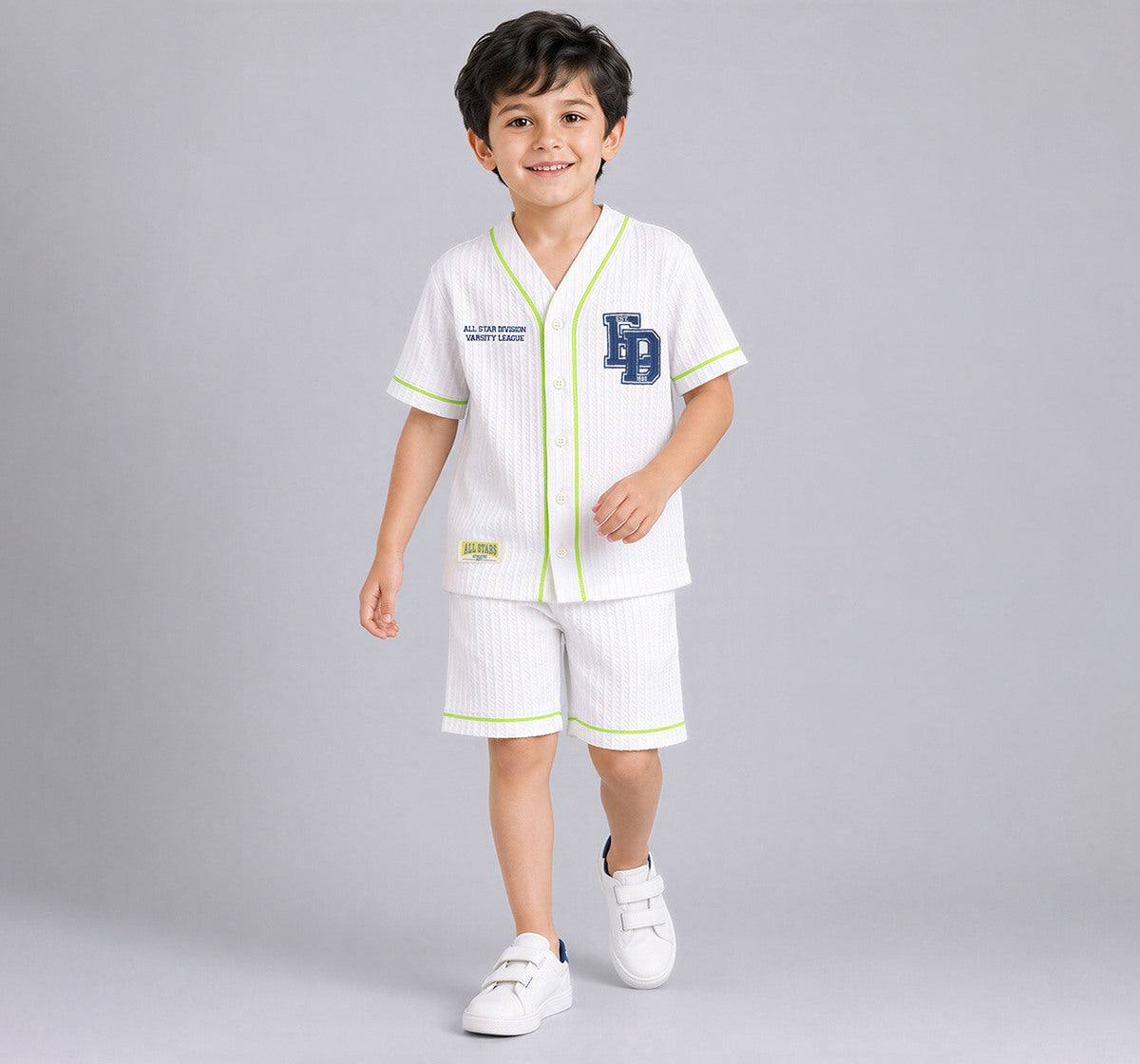 Boys White Seersucker Varsity Shirt and Shorts Co-ord Set