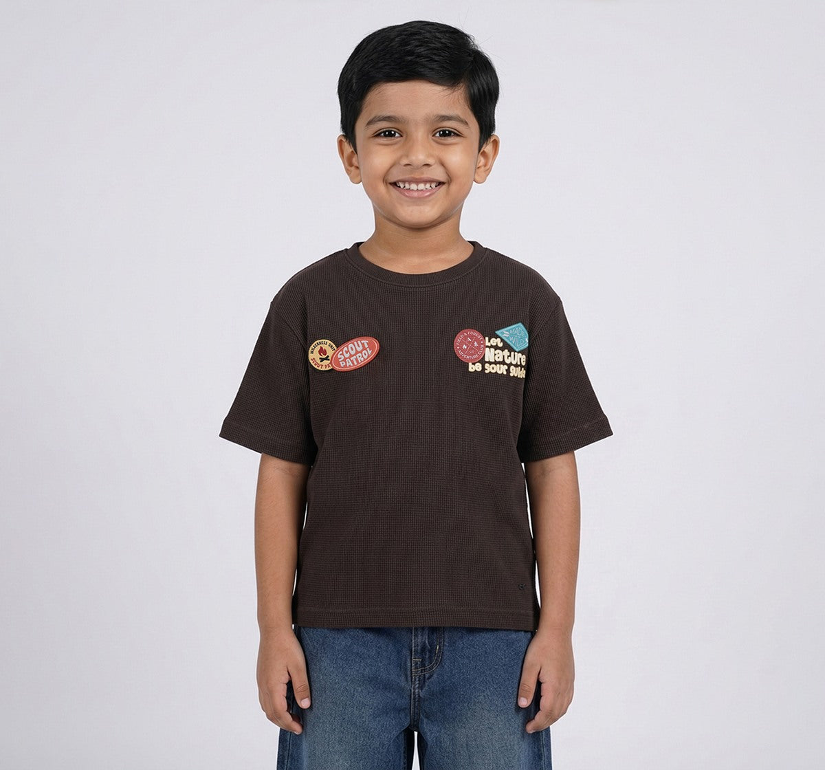 Half Sleeves T-Shirt with Applique Brown Relaxed Fit