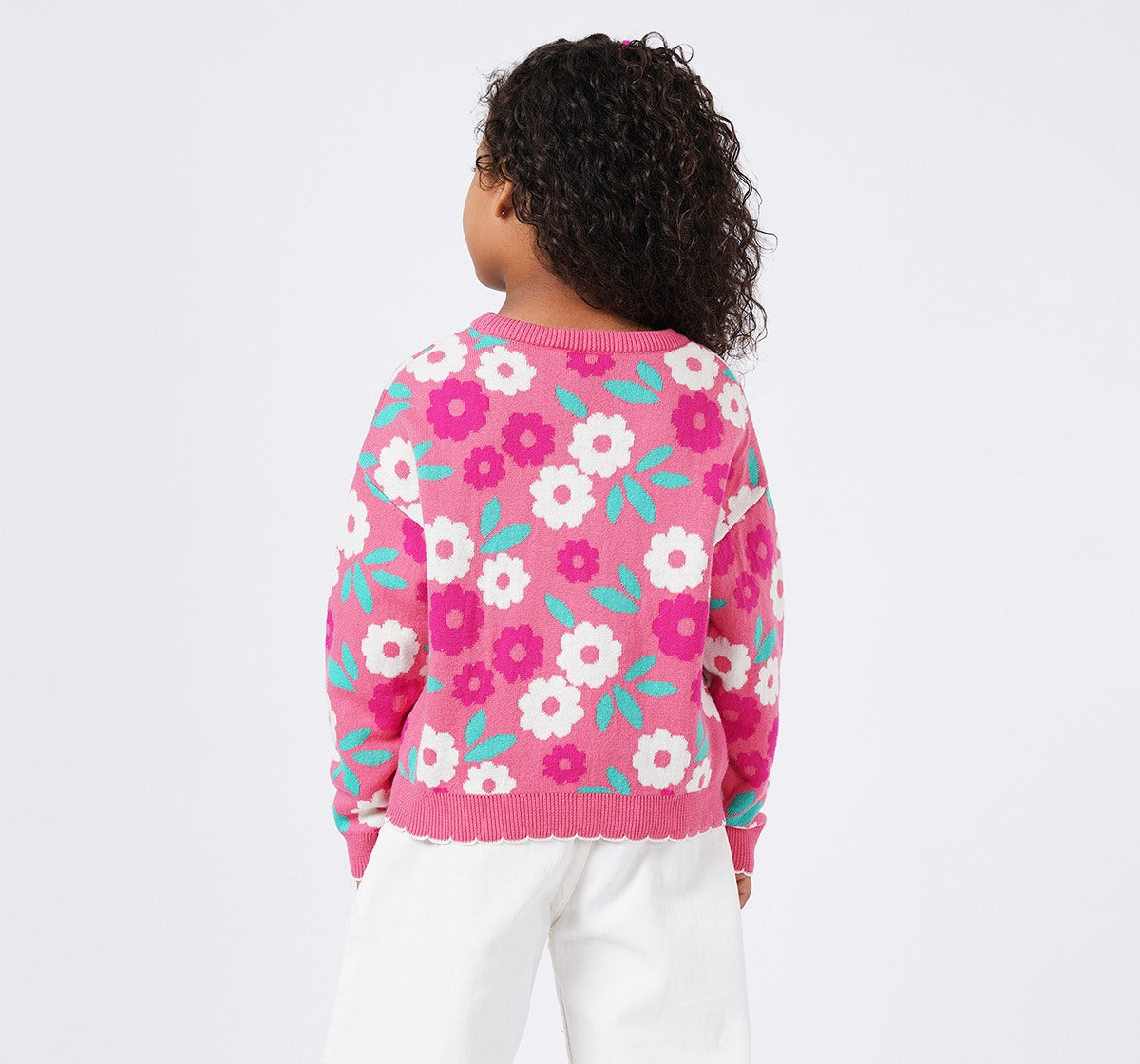 Floral Sweater with Scalloped Hem Multicolor