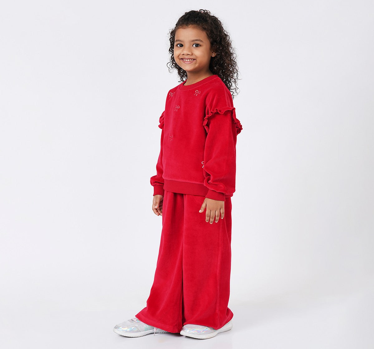 Emb Velour Sweatshirt with Bottom Set Red