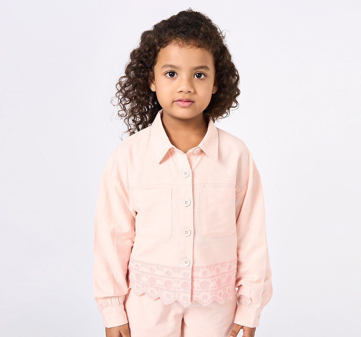Embroidered Hem Shirt with Bottom Set Pink