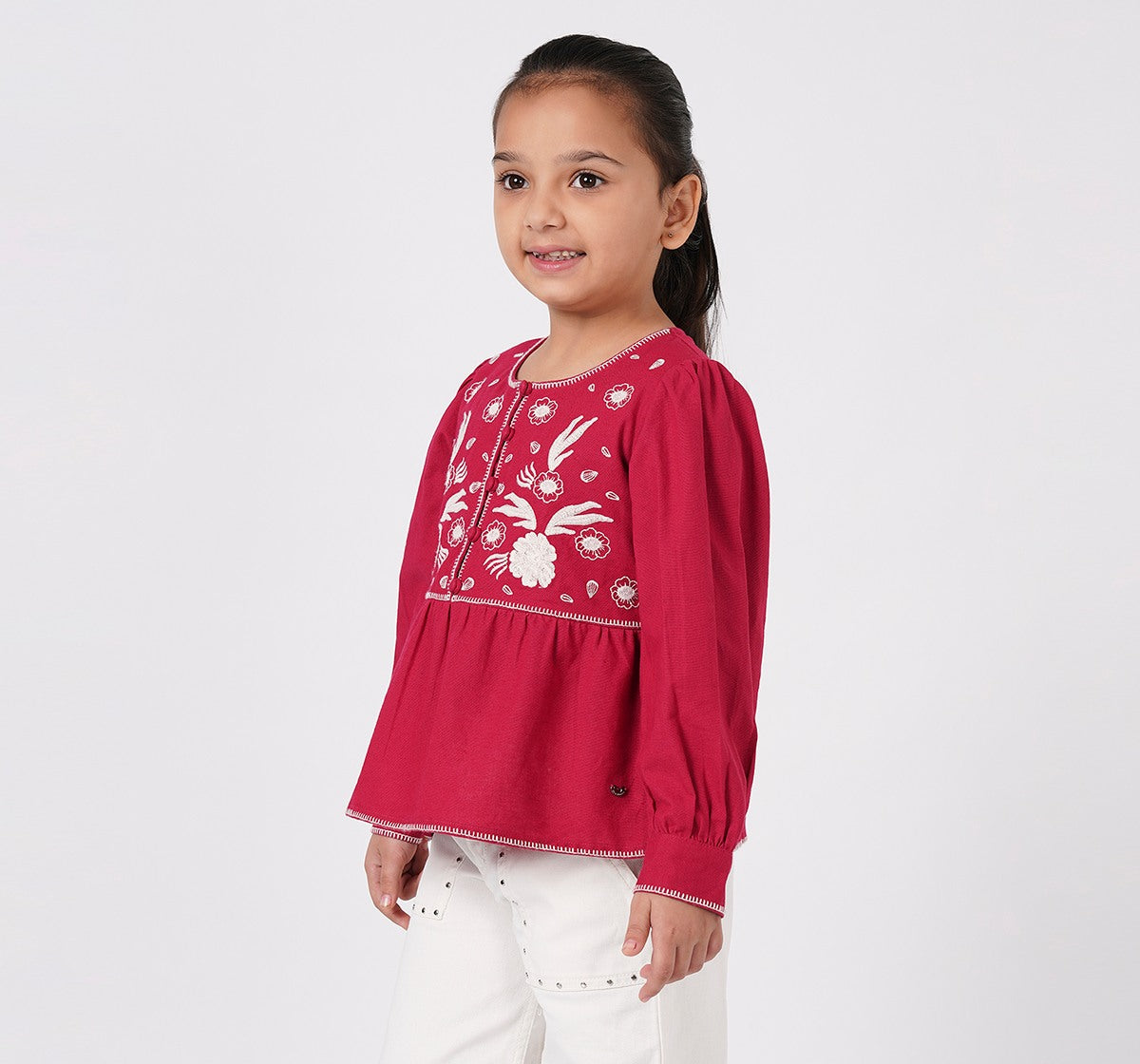 Top with Embroidery and Stitch Detail Burgundy