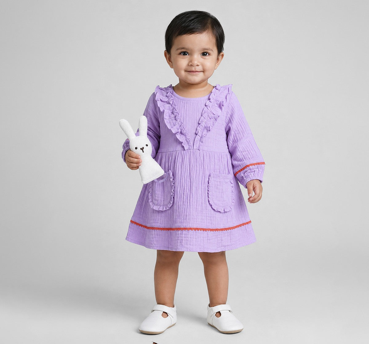 Infant Girls Lavender Cotton Gauze Lace Dress with Bunny Toy