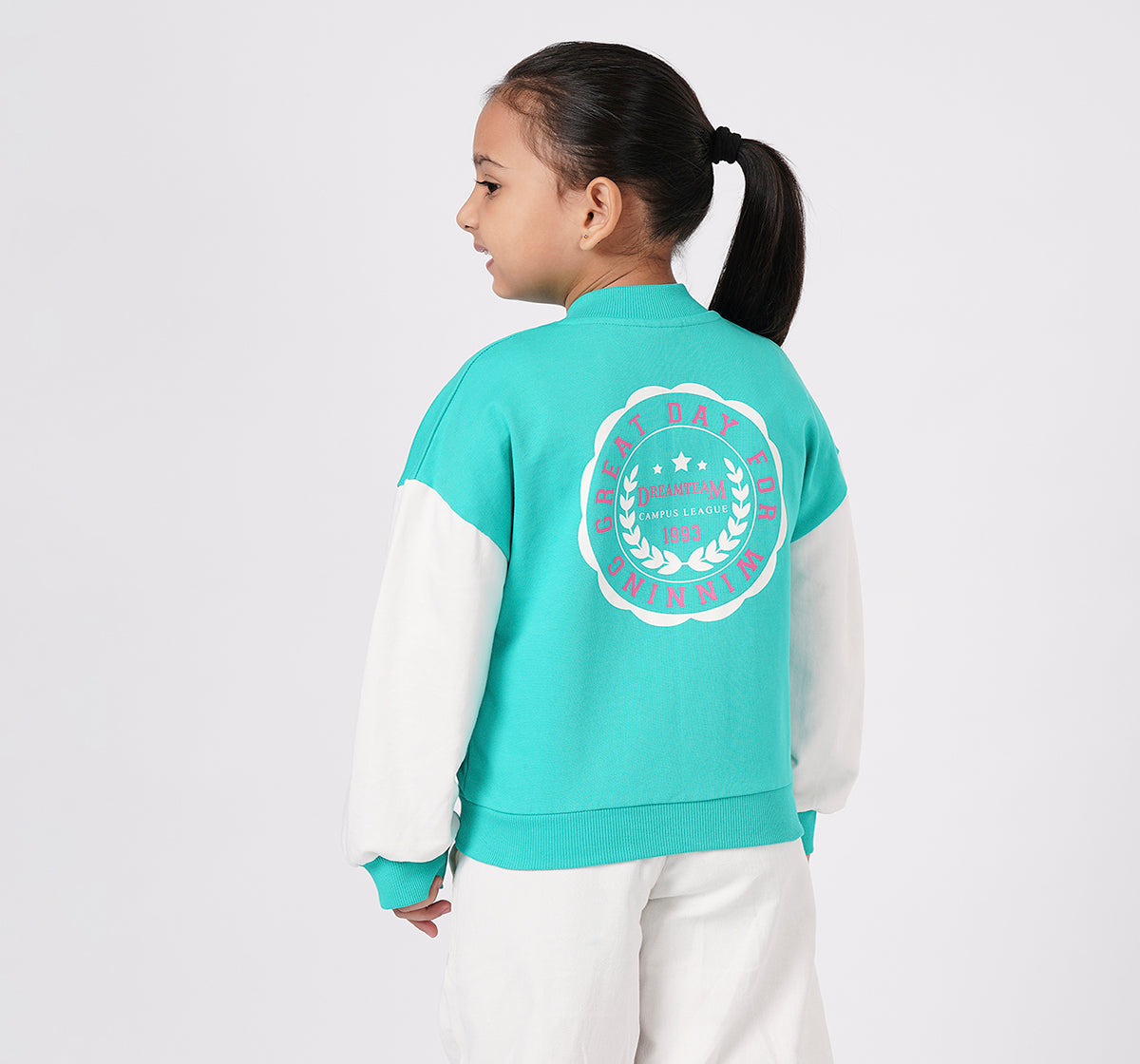 Girls Sea Green Varsity Bomber Knit Jacket