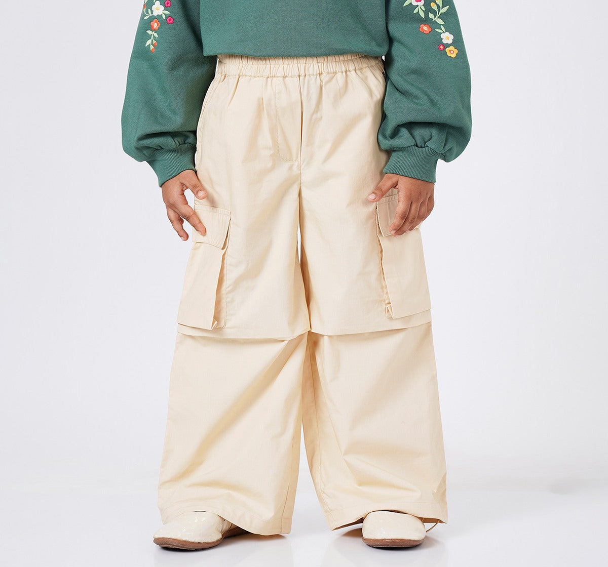 Girls Beige Cotton Poplin Wide Leg Cargo Trousers