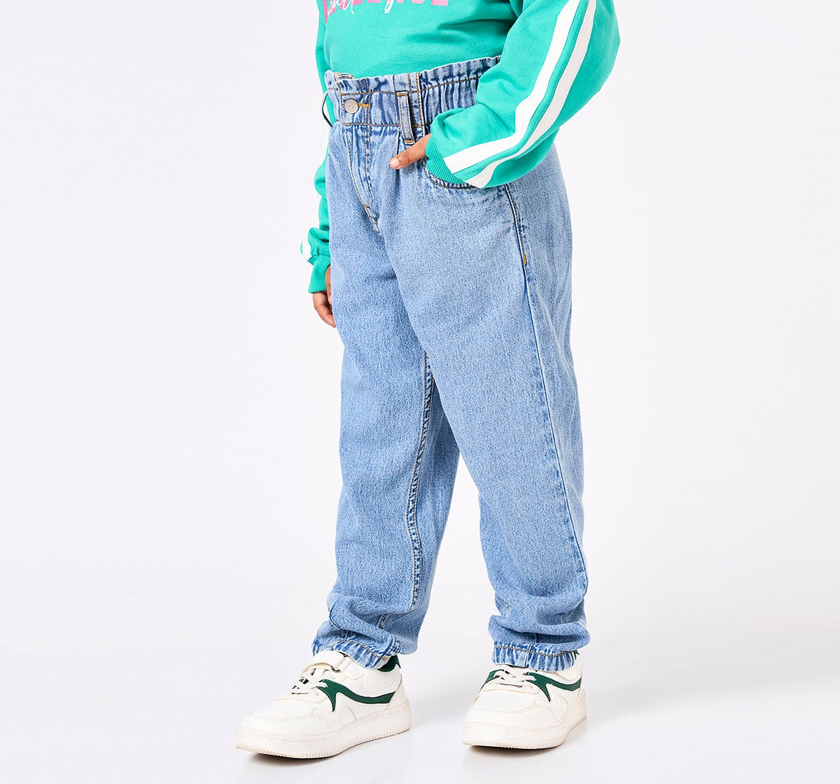 Girls Blue Cotton Denim Paper Bag Barrel Fit Jeans