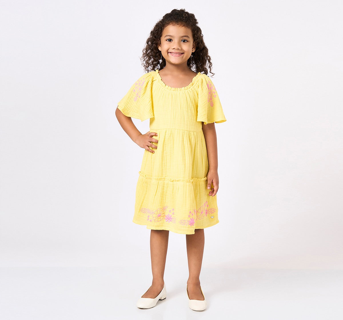 Girls Yellow Cotton Embroidered Tiered Dress